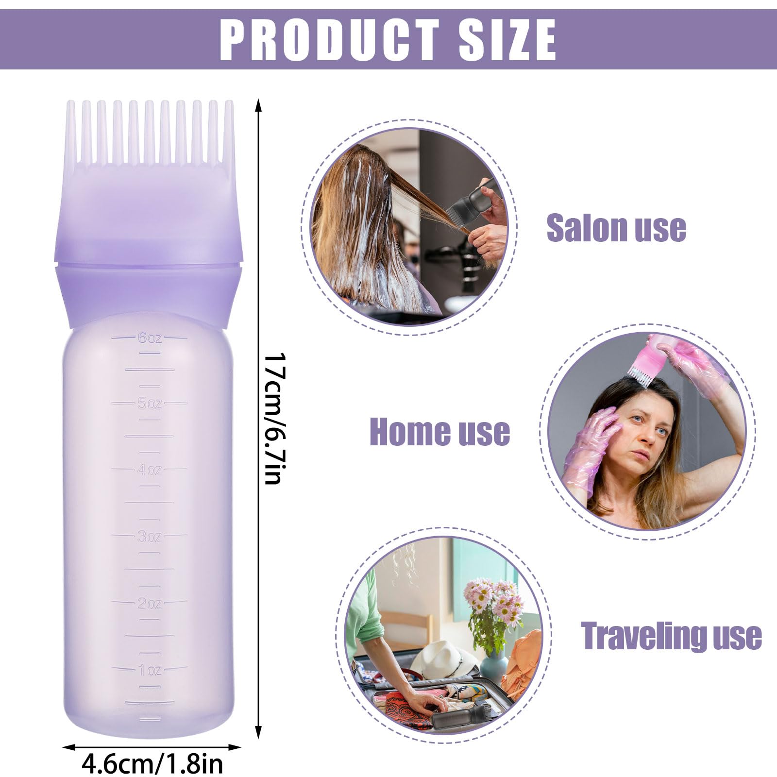 Pimoys Root Comb Applicator Bottle 6 Ounce, Oil Applicator For Hair Dye, Hair Oiling Bottle Brush With Graduated Scale, Purple