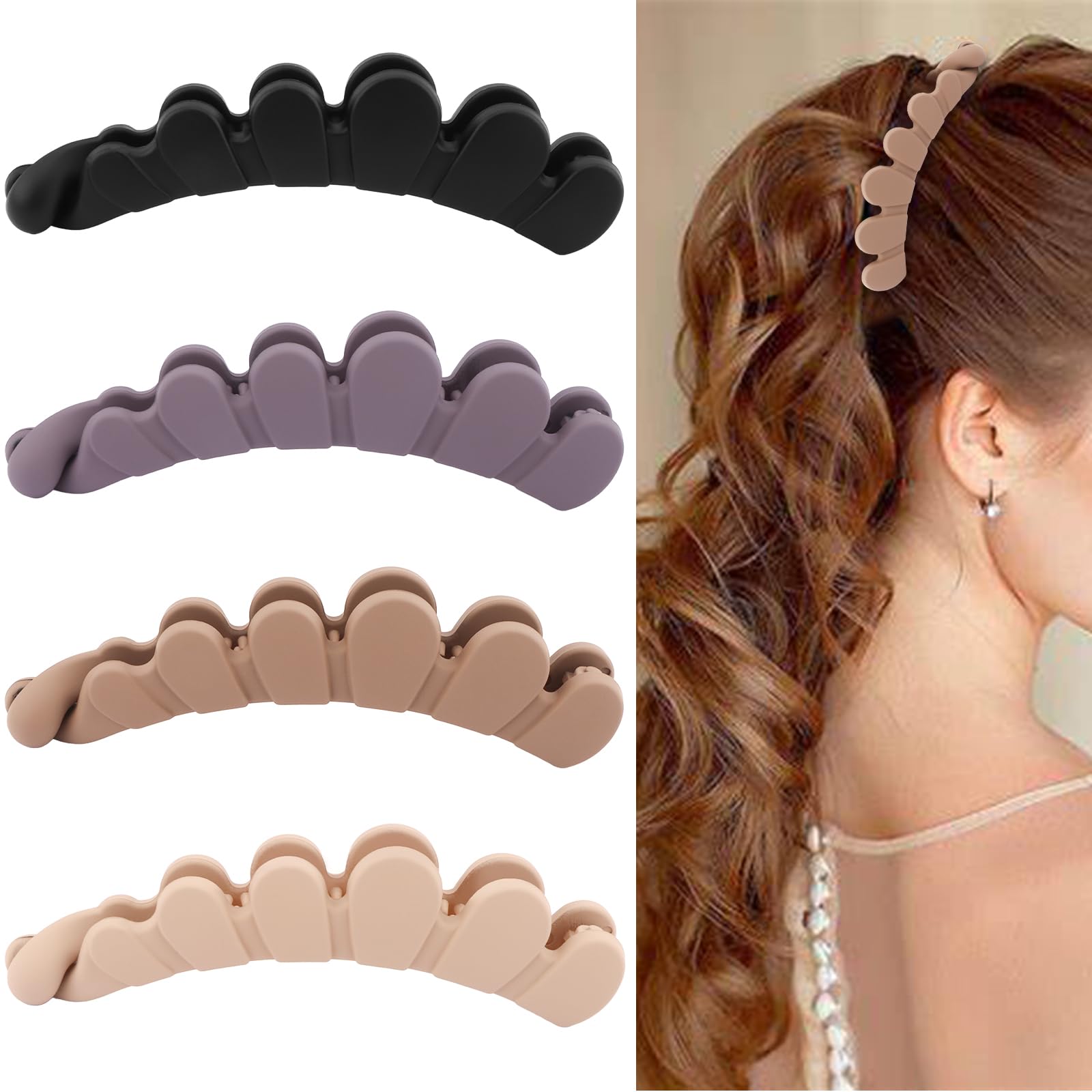 Hapdoo 4pcs Banana Clip Hair Clips for Thin Hair, Matte Banana Hair Clip for Women Volumizing Hairstyles, Large Strong Hold Pony