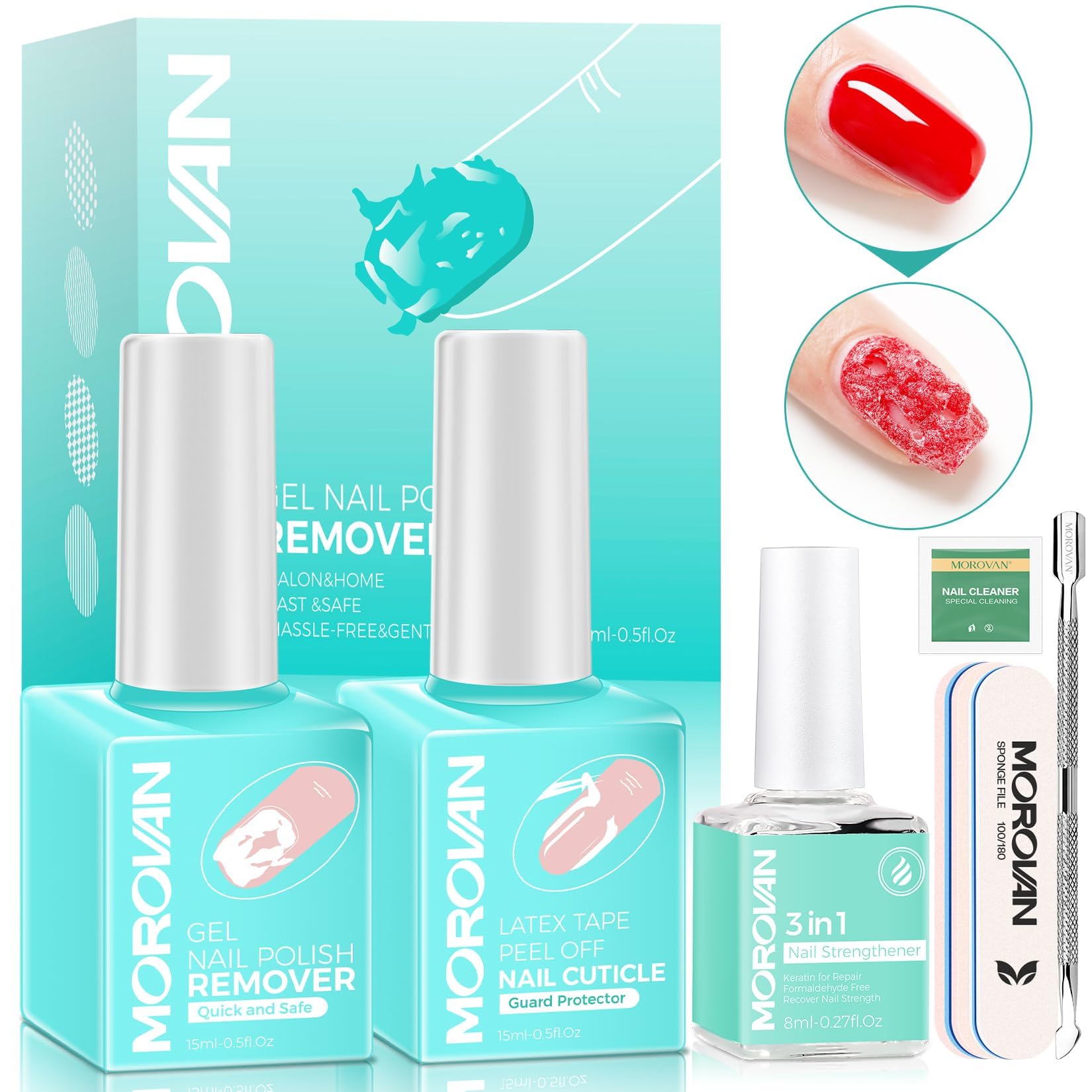 Morovan Gel Nail Polish Remover Kit: Gel Polish Remover For Nails With Liquid Latex Tape Peel Off Nail Strengthener Cuticle Push