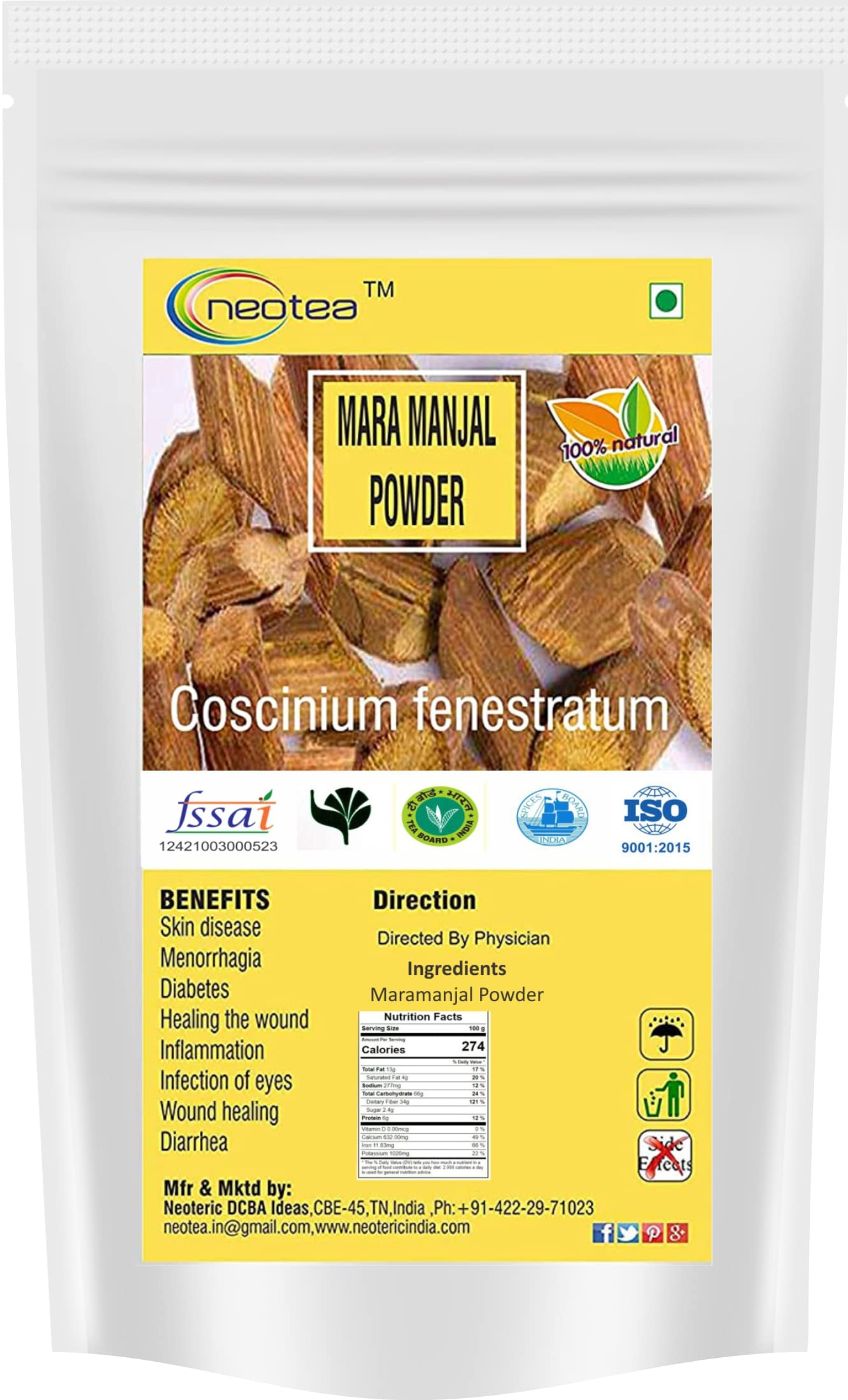 Neotea Maramanjal | Natural Kasturi Haldi Powder For Glowing Skin | Wild Turmeric (Curcuma Aromatica) For Acne, Dark Spots, & Ta
