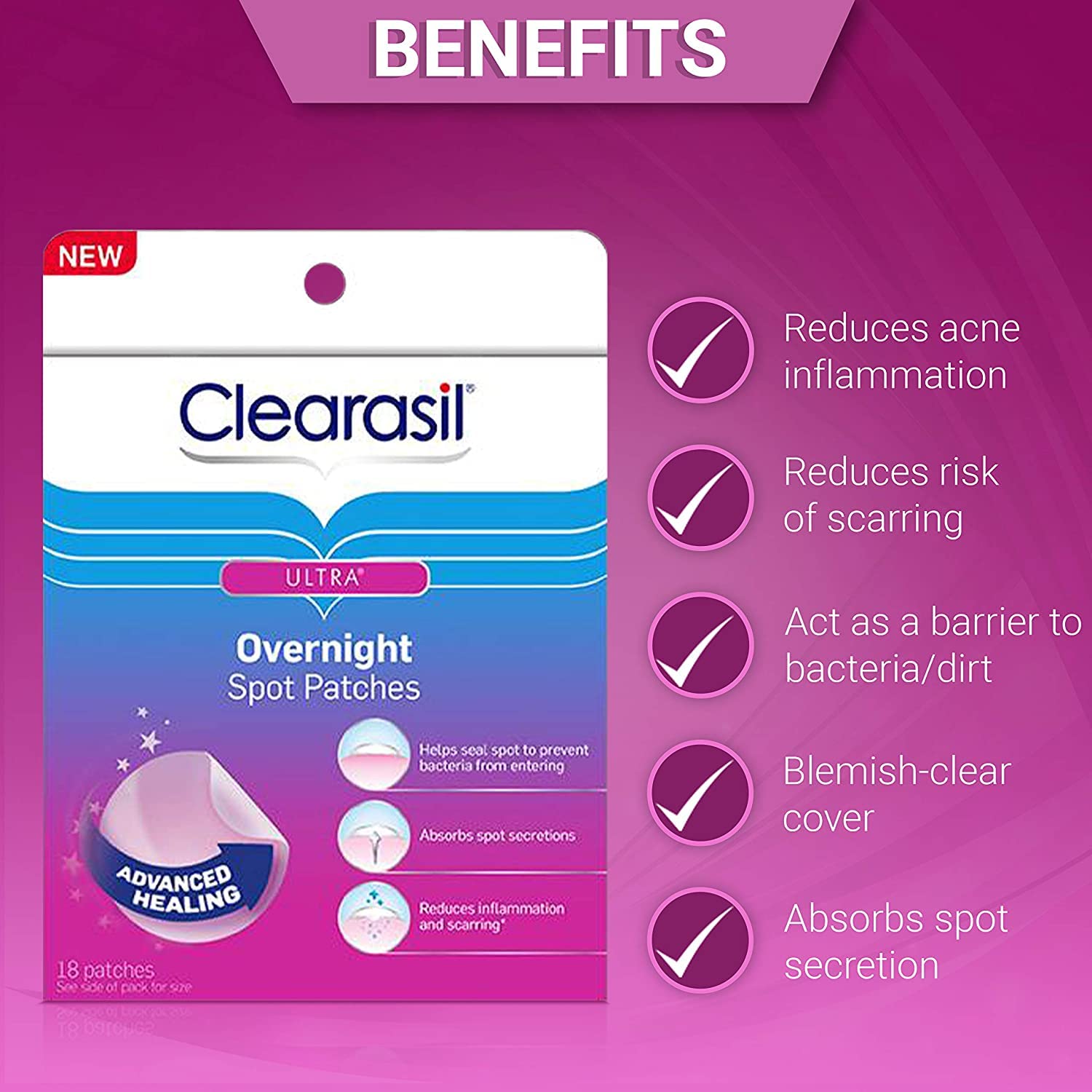 Clearasil Overnight Spot Patches, Advanced Healing Hydrocolloid Acne Pimple Treatment, Blemish Spot Stickers for Face, 18 Count