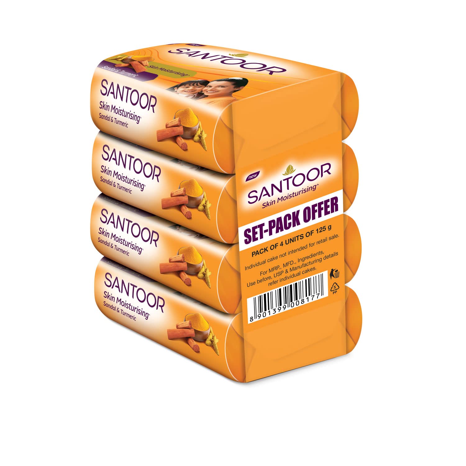 Santoor Soap with Sandal And Turmeric - Pack of 4 soaps (125g each)