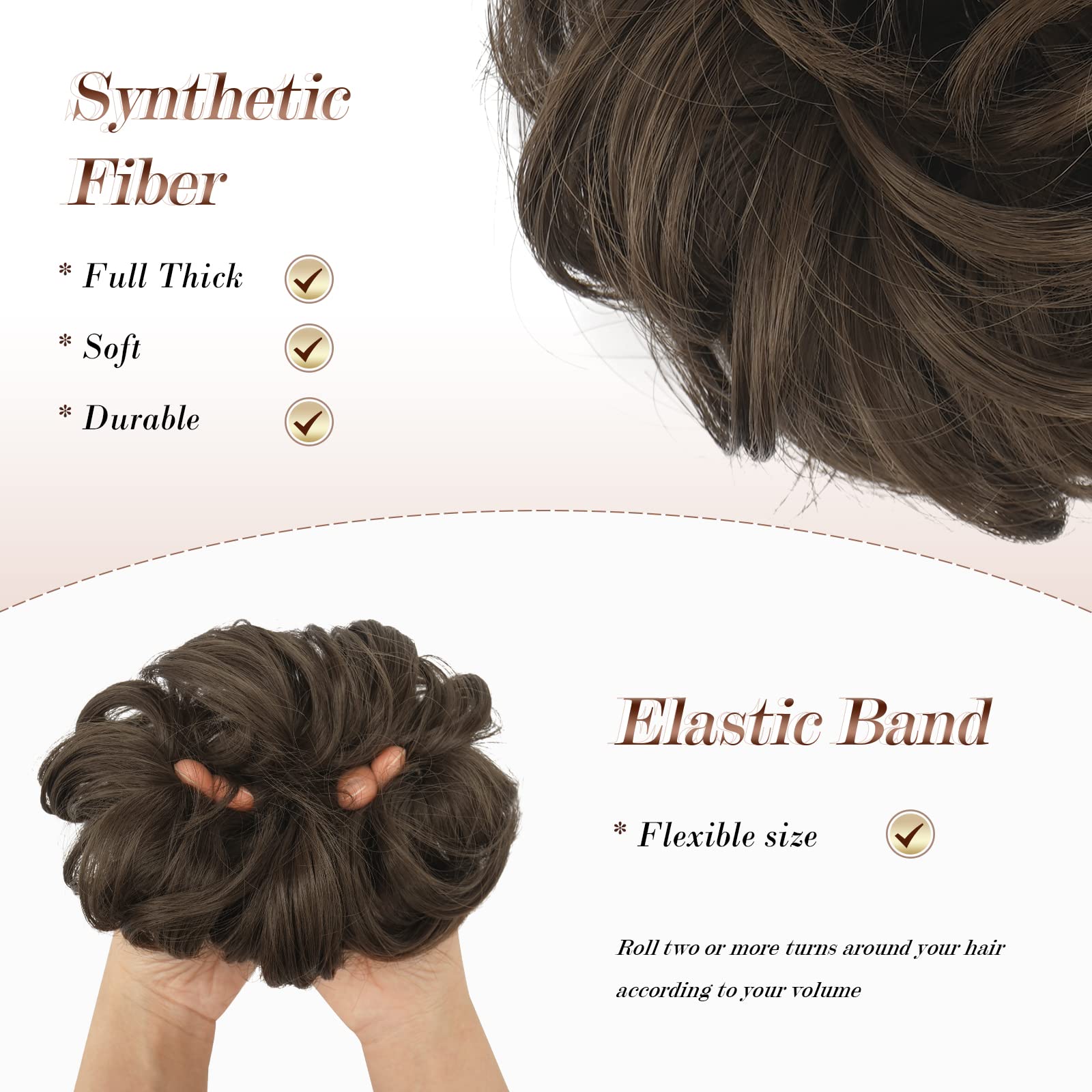 FESHFEN Messy Bun Hair Piece Wavy Curly Large Golden Brown Hair Bun Scrunchies Extensions Synthetic Tousled Updo Hairpieces for