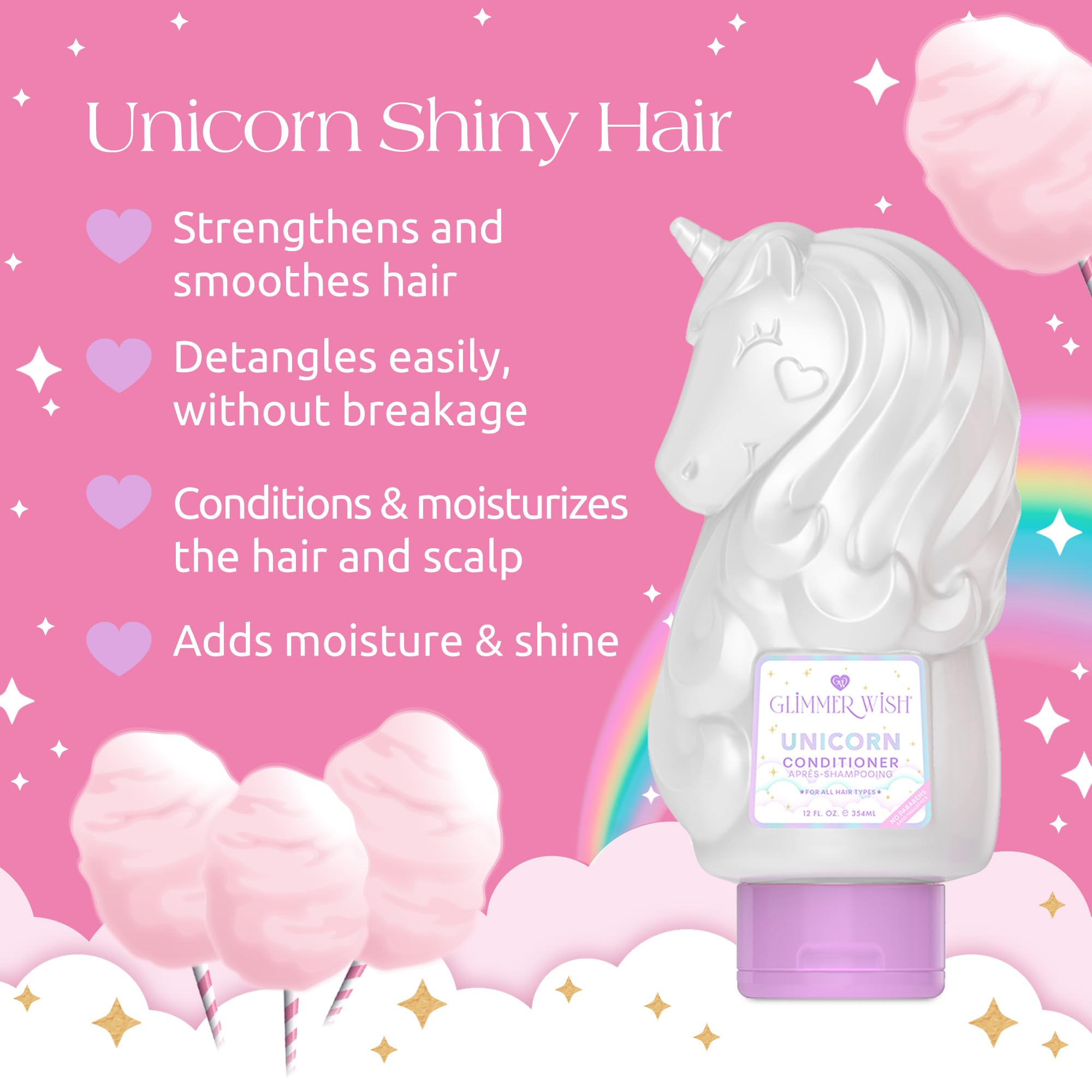 Glimmer Wish Unicorn Kids Conditioner, Paraben and Sulfate Free Conditioner for Strong and Smooth Hair, Kids Hair Care, Cotton C