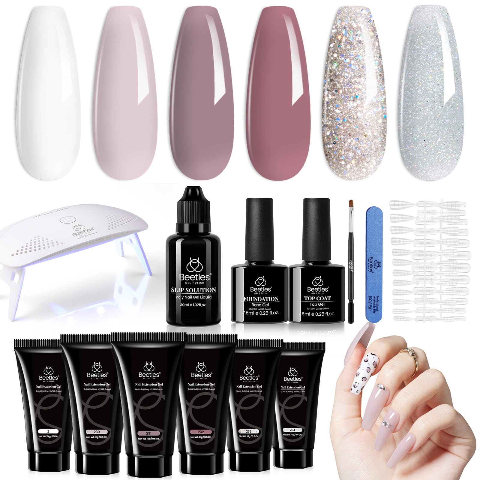 Beetles Poly Nail Gel Kit, 6 Colors Soak Off UV Lamp Extension Gel Nail Polish Set with Base Gel Glossy & Matte Top Coat for All