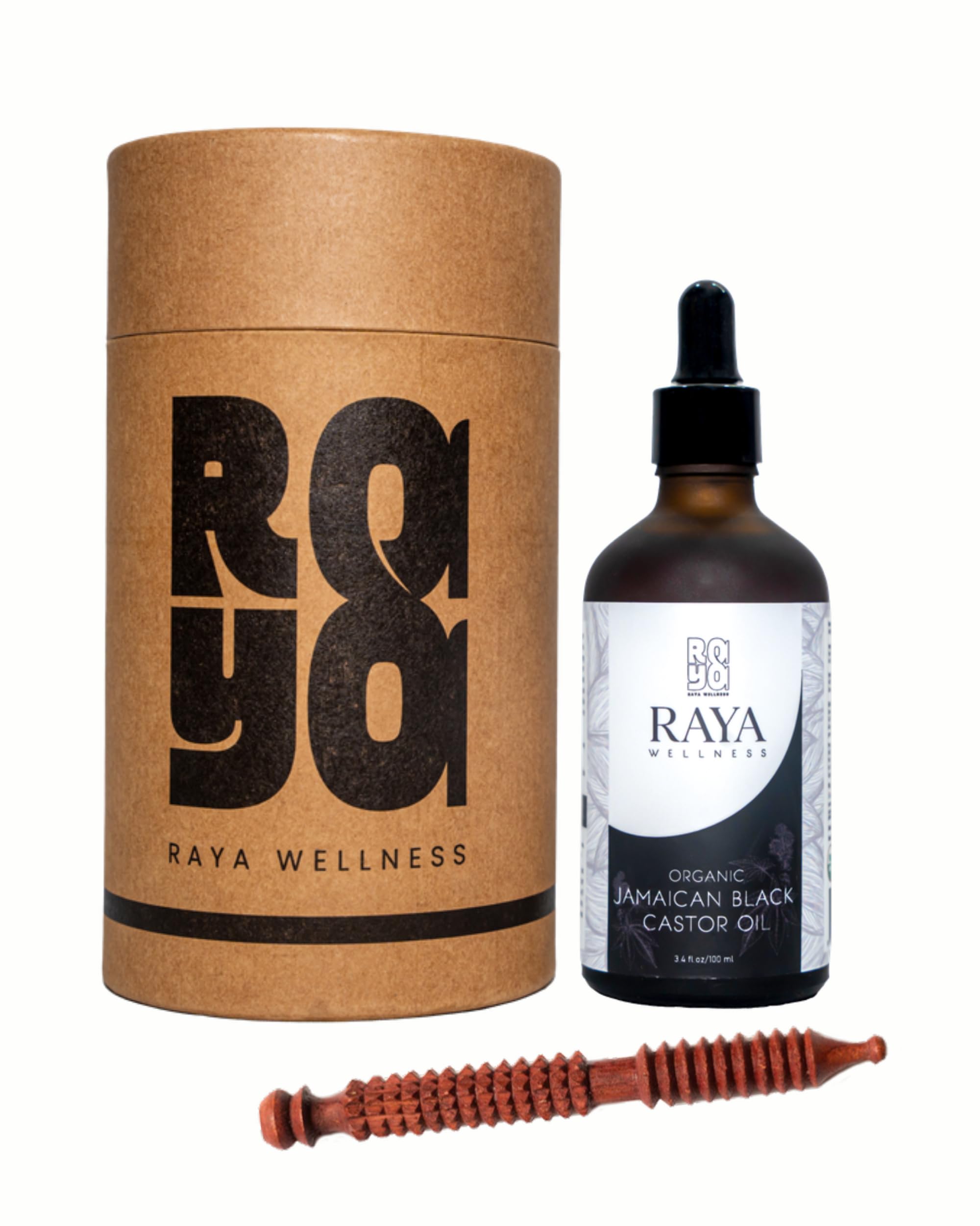 RAYA WELLNESS Authentic Jamaican Black Castor Oil (100 ml / 3.4 fl oz) Cold Pressed, HexaneFree, 100% Pure with Wooden Massage 