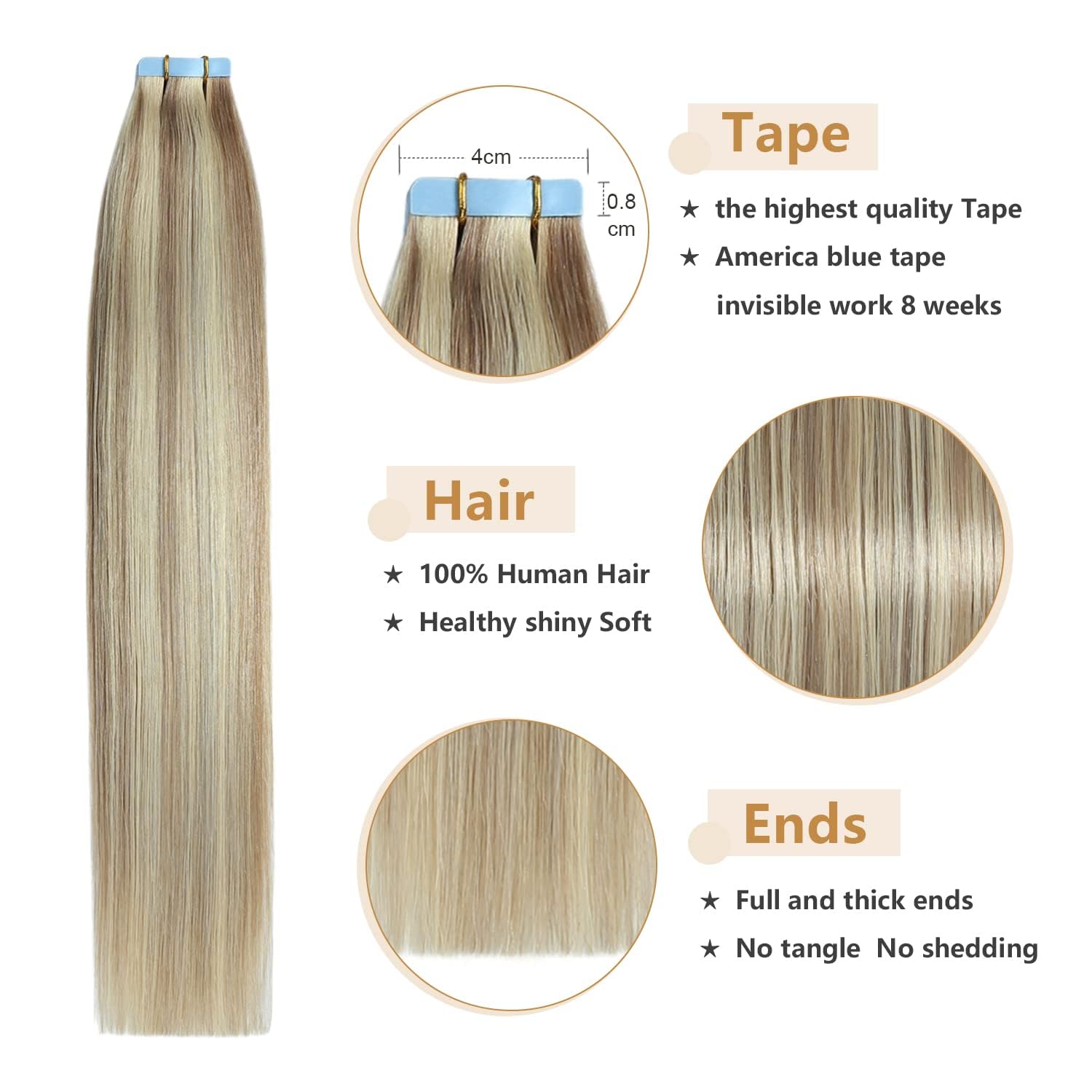 Yilite Tape In Remy Hair Extension Color 18 Ash Blonde Highlighted 613 Bleach Blonde Hair Extensions, #P18/613 Ash Blonde Highli