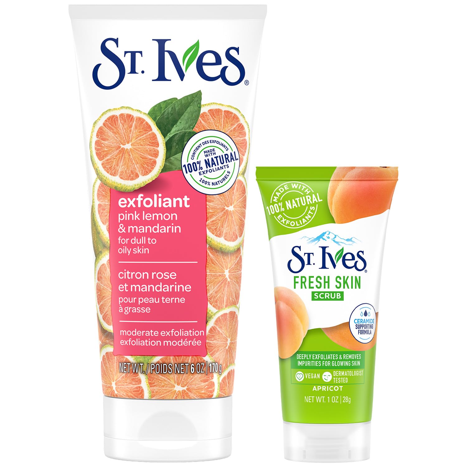 St. Ives Exfoliant Face Scrub with SkinBrightening Pink Lemon & Mandarin + TravelSize Fresh Skin Exfoliating Apricot Facial Sc