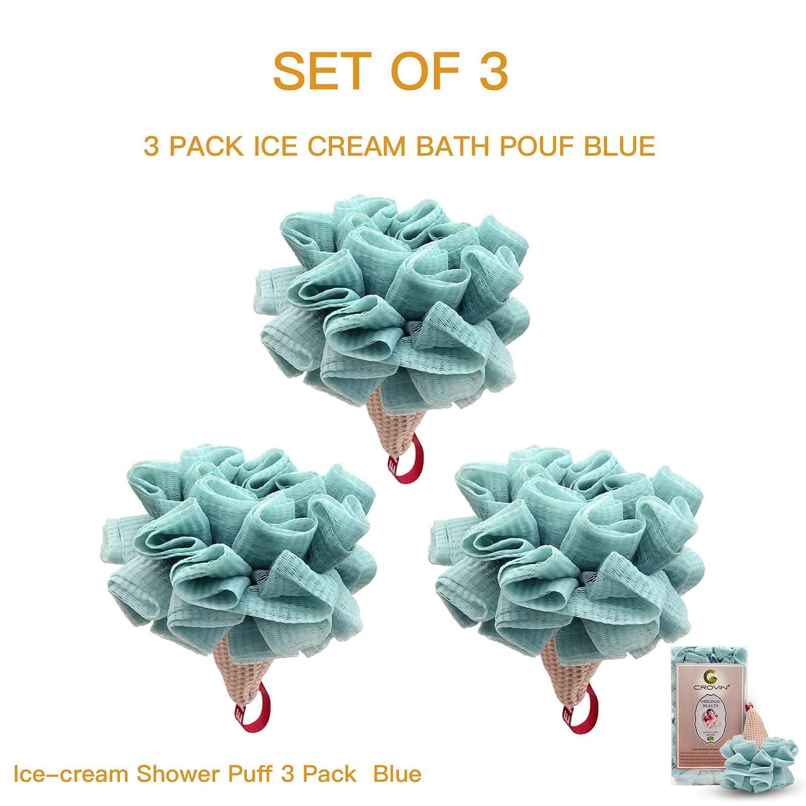Crovin Ice Cream Shower Pouf Mesh Ball Bath Loofah Sponge, Men And Children (Blue 4 Packs) Exfoliating Body Scrubber For Body Cl