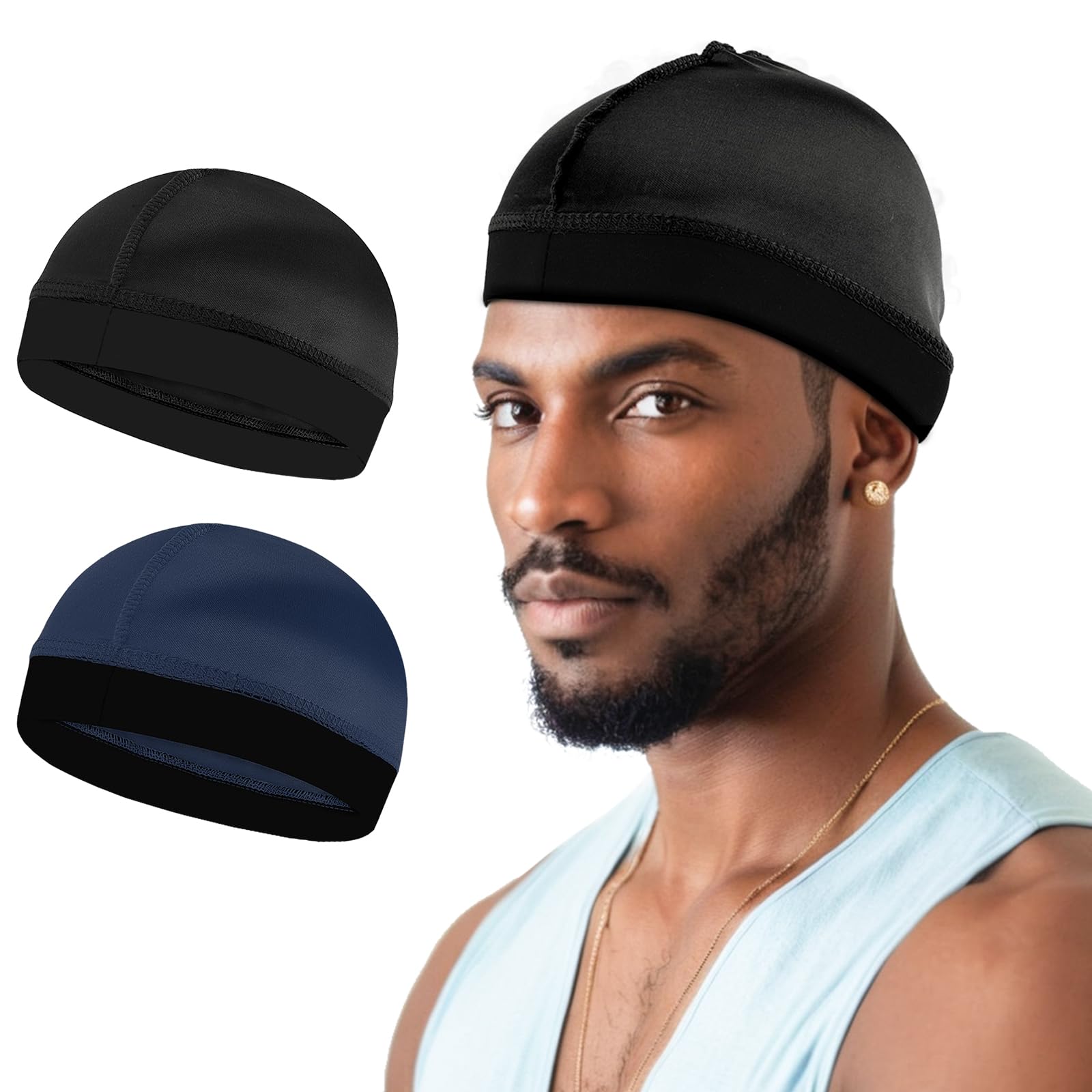 2Pcs Wave Cap Silky Stocking Wave Caps for Men, Good Compression Over Durag (Black+Navy Blue)