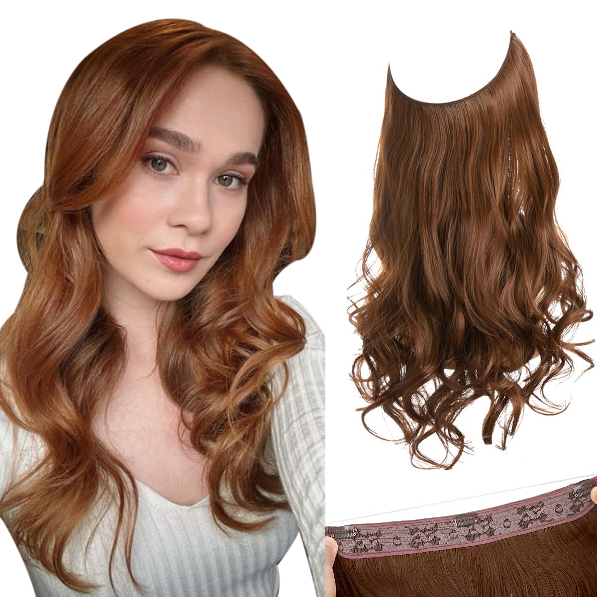 SARLA Invisible Wire Hair Extensions with 3 Clips Synthetic Wavy Curly Hairpiece Adjustable Transparent Headband for Women 16 In