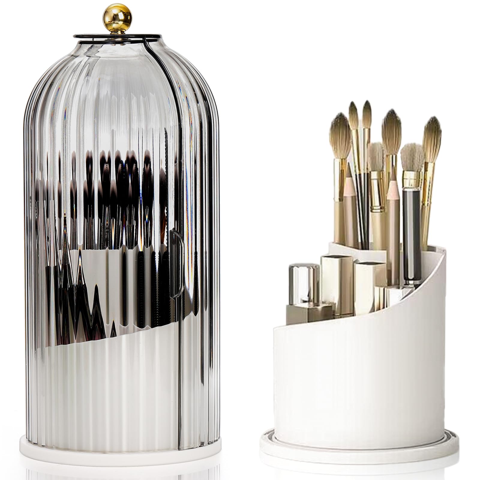 Eorbow Makeup Brush Holder Organizer With Lids, 360Rotating Clear Dustproof Make Up Brush Container Box, Vanity Spinning Cosmeti