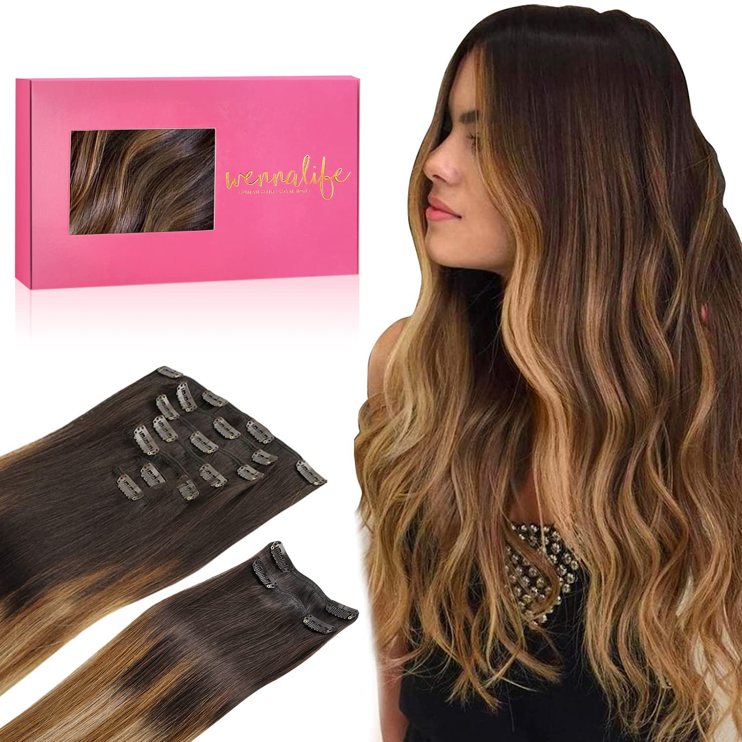 Wennalife Clip In Hair Extensions, 150G 14 Inch 9Pcs Highlight Dark Brown To Chestnut Brown And Dirty Blonde Human Hair Extensio