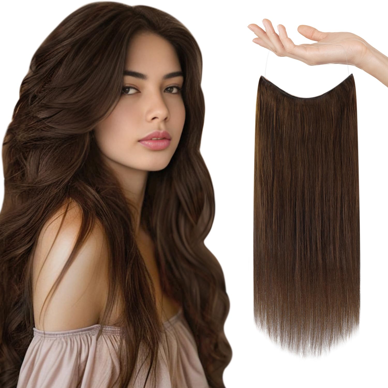 Sunny 120g Brown Hair Extensions Wire Invisible Wire Hair Extensions Real Human Hair Chocolate Brown Fish Wire Hair Extensions w
