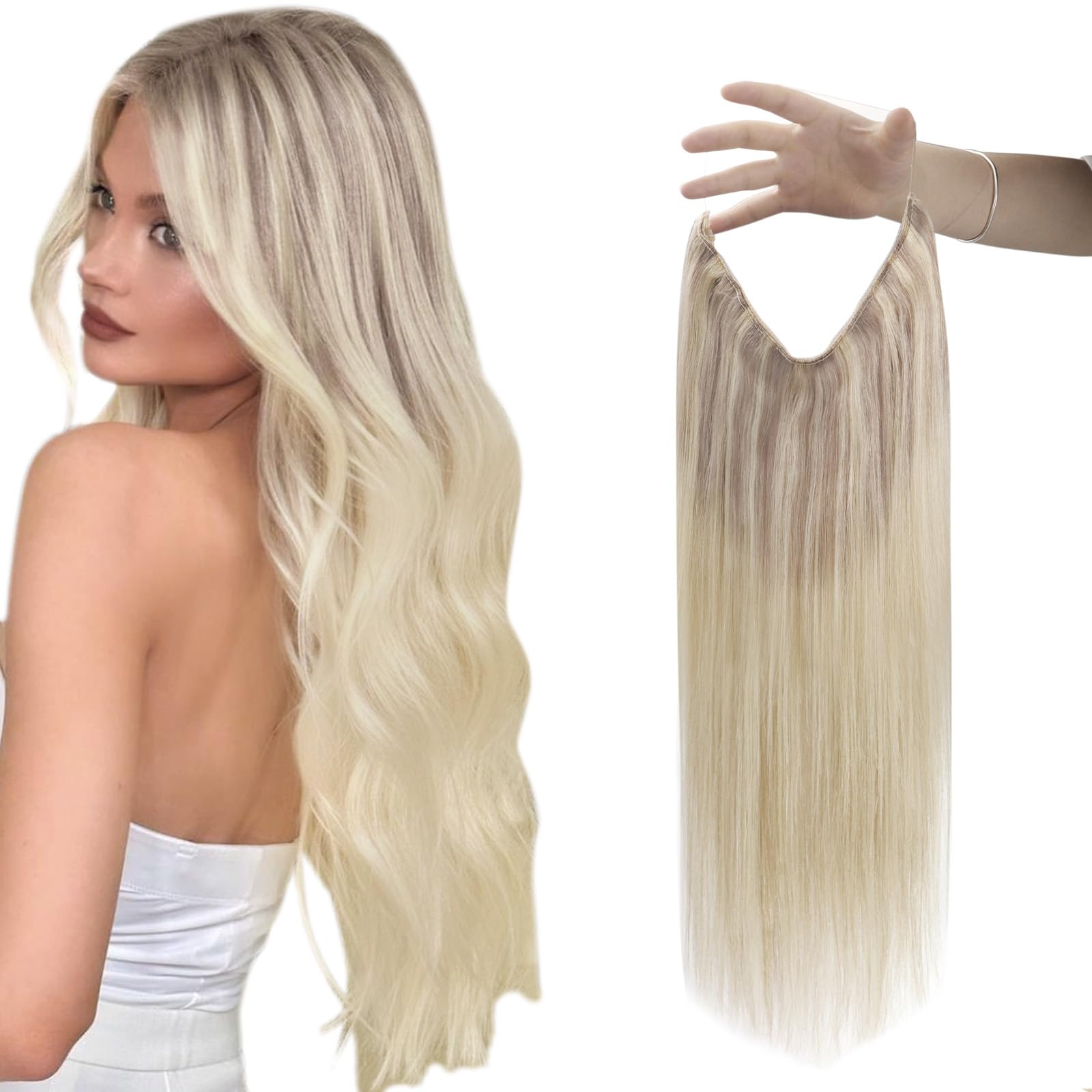 Sunny Wire Hair Extensions Human Hair Blonde Ombre Wire Extensions Ash Blonde Roots to Light Blonde Ombre Platinum Blonde Invisi