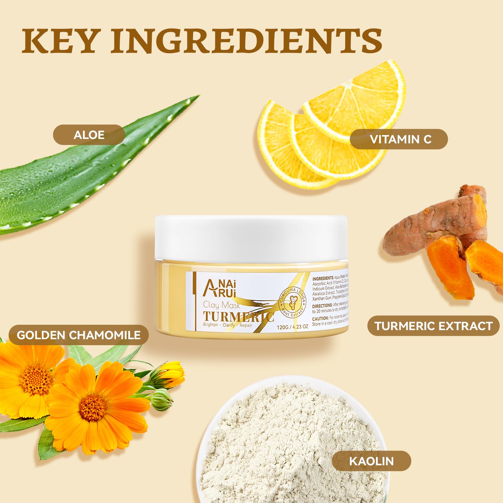 ANAI RUI Vitamin C Face Mask with Turmeric and Kaolin Clay for Dark Spots, Dull Skin, Skincare Facial Mask for Refining Pores an