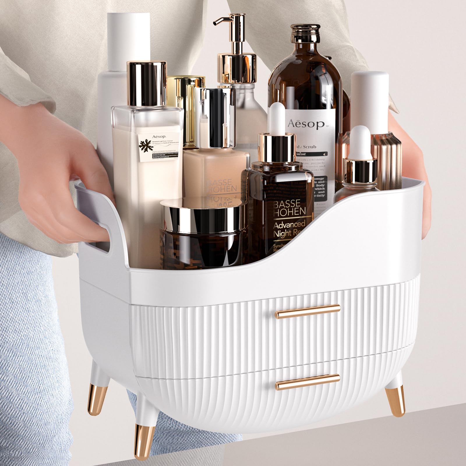 Pajiriona Makeup Organizer With Drawers,Skincare Organizer For Vanity,Storage Box With Handle,Large Cosmetic Display Case For Dr