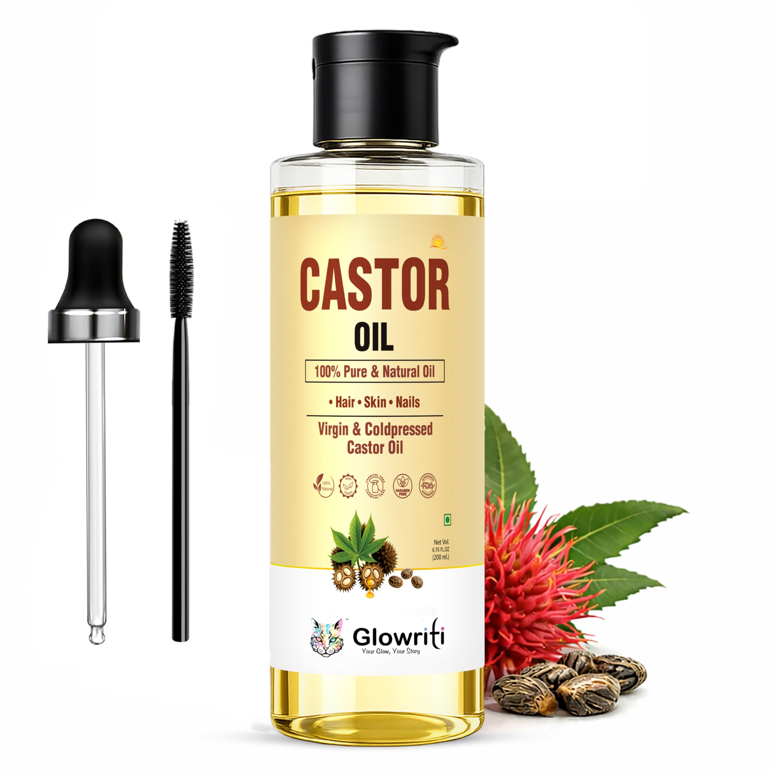 Glowriti Cold Pressed Pure Castor (Arandi) Oil For Hair & Skin | 200Ml | Enriched With Vitamin E & Omega 69, With Droper & Masc