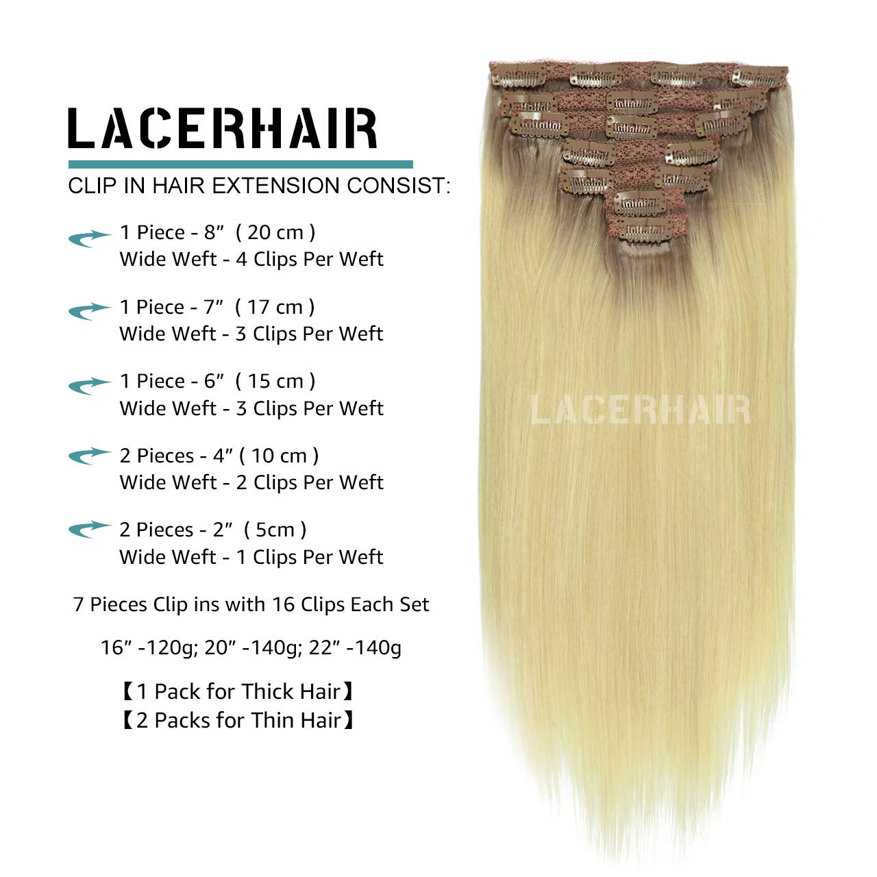 Lacer Real Human Hair Extensions Clip Ins Platinum Blonde With Lightest Brown Roots 120G With 16 Clips 7Pcs Lace Clip In Hair 14