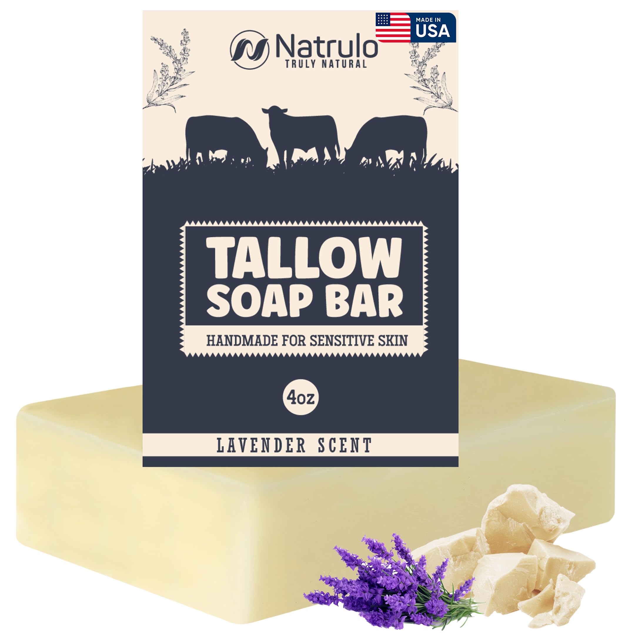 Beef Tallow Soap Bar - All Natural Grass Fed Tallow Soap Lavender - Moisturizing Face & Body Wash Great For Eczema, Dry, Itchy,