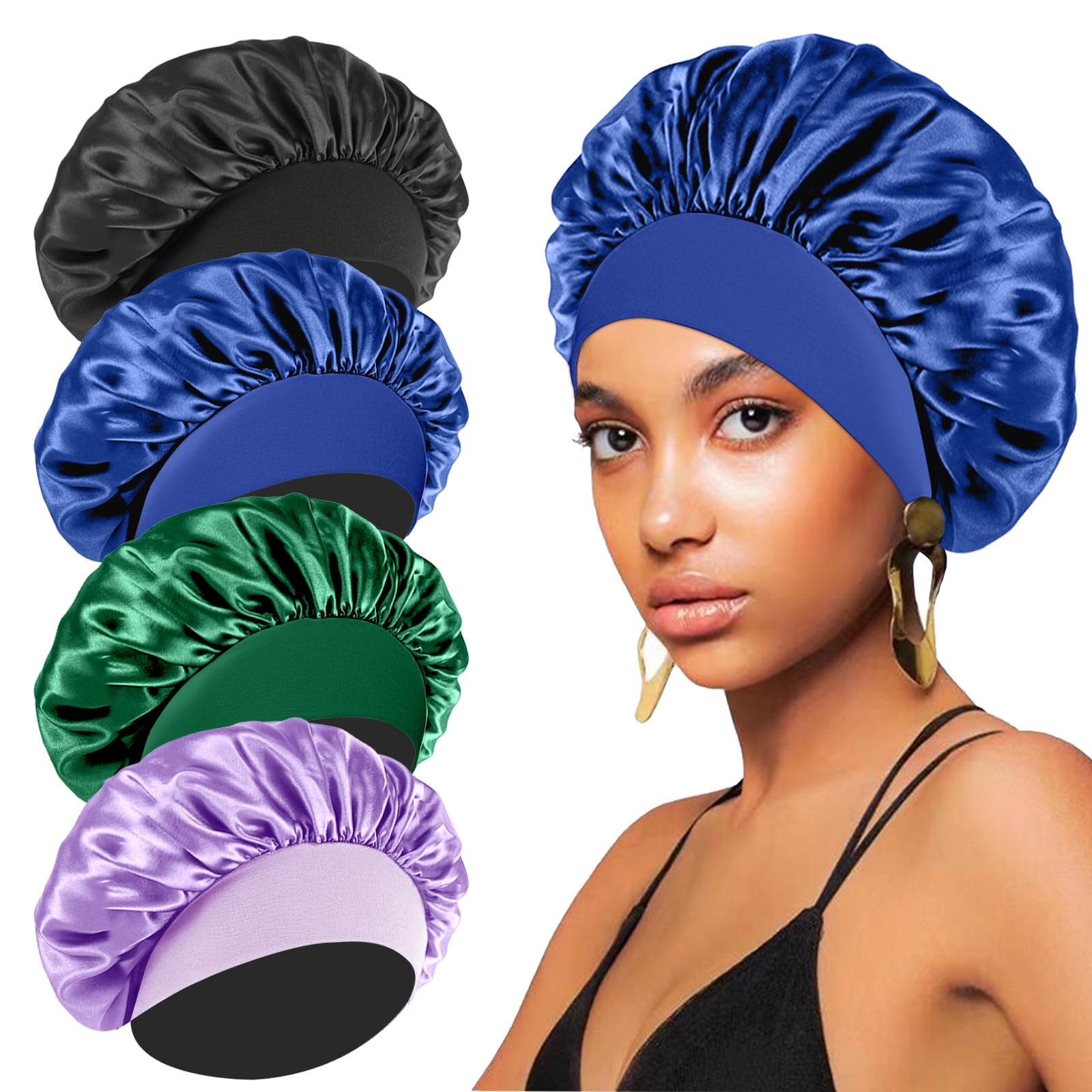 4Pcs Silk Bonnet For Sleeping - Hair Satin Bonnets For Black Women Men,Hair Wrap Cap For Curly Hair,Elastic Wide Band Hair Bonne
