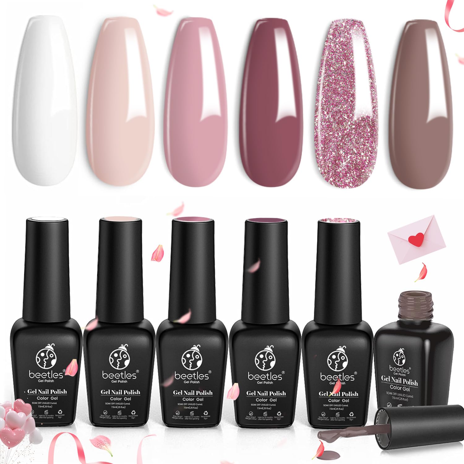 Beetles Romantic Wedding Gel Nail Polish Set 6 Colors Classic French White Soft Pink Glitter Bridesmaid Gel Polish Kit Nail Art