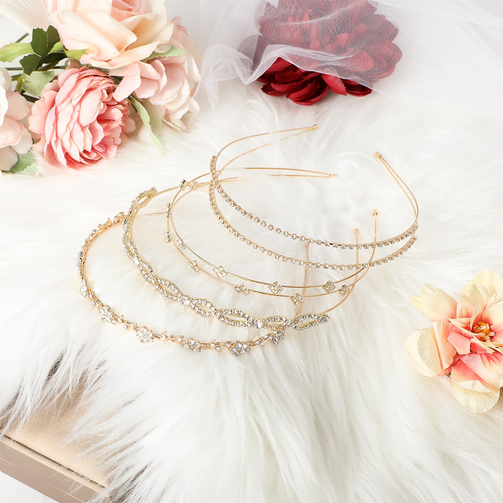 Tyqour Rhinestones Headbands For Women's Hair Wedding Hair Accessories, Gold Metal Flower Girl Headband, Sparkly Fancy Headbands