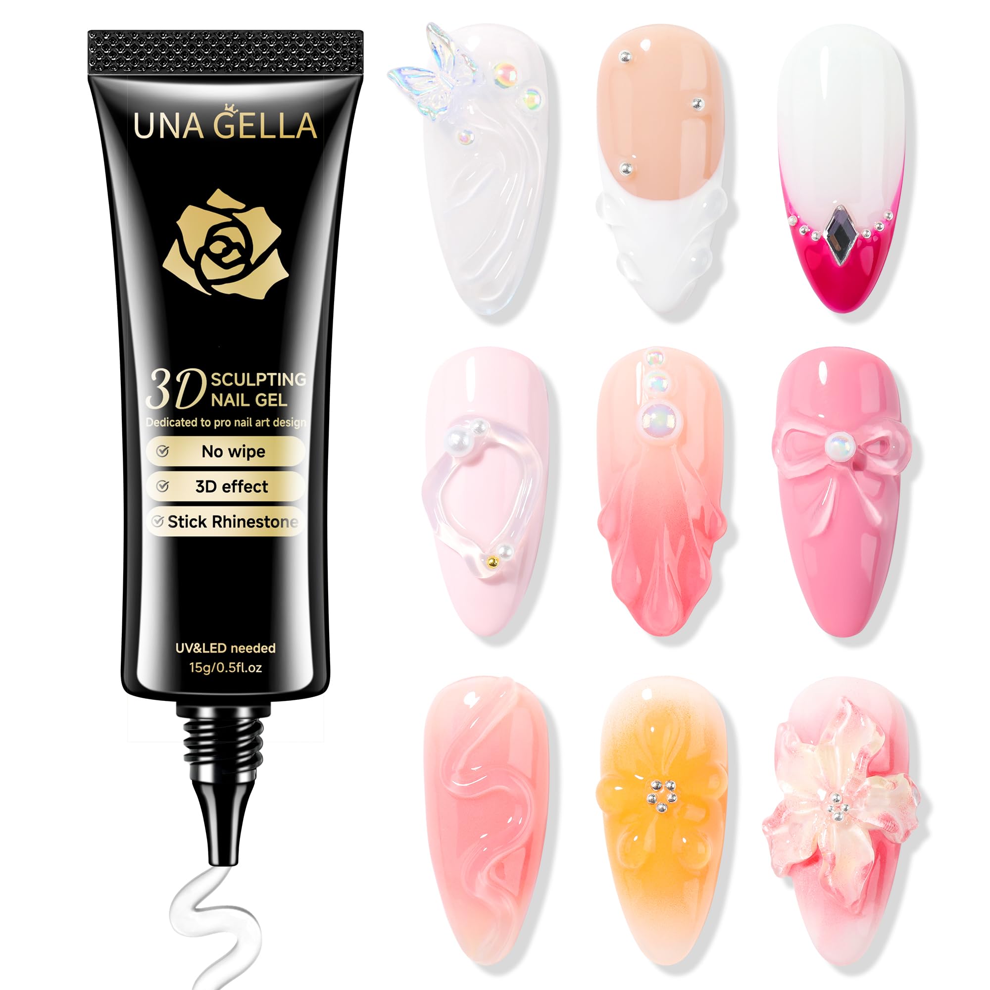 UNA GELLA 3D Gel Nail Art, Sculpting Gel Nail Glue 15g for Nail Tips, Chrome Nail Powder and Nail Charms, 4 in 1 No Wipe Clear G