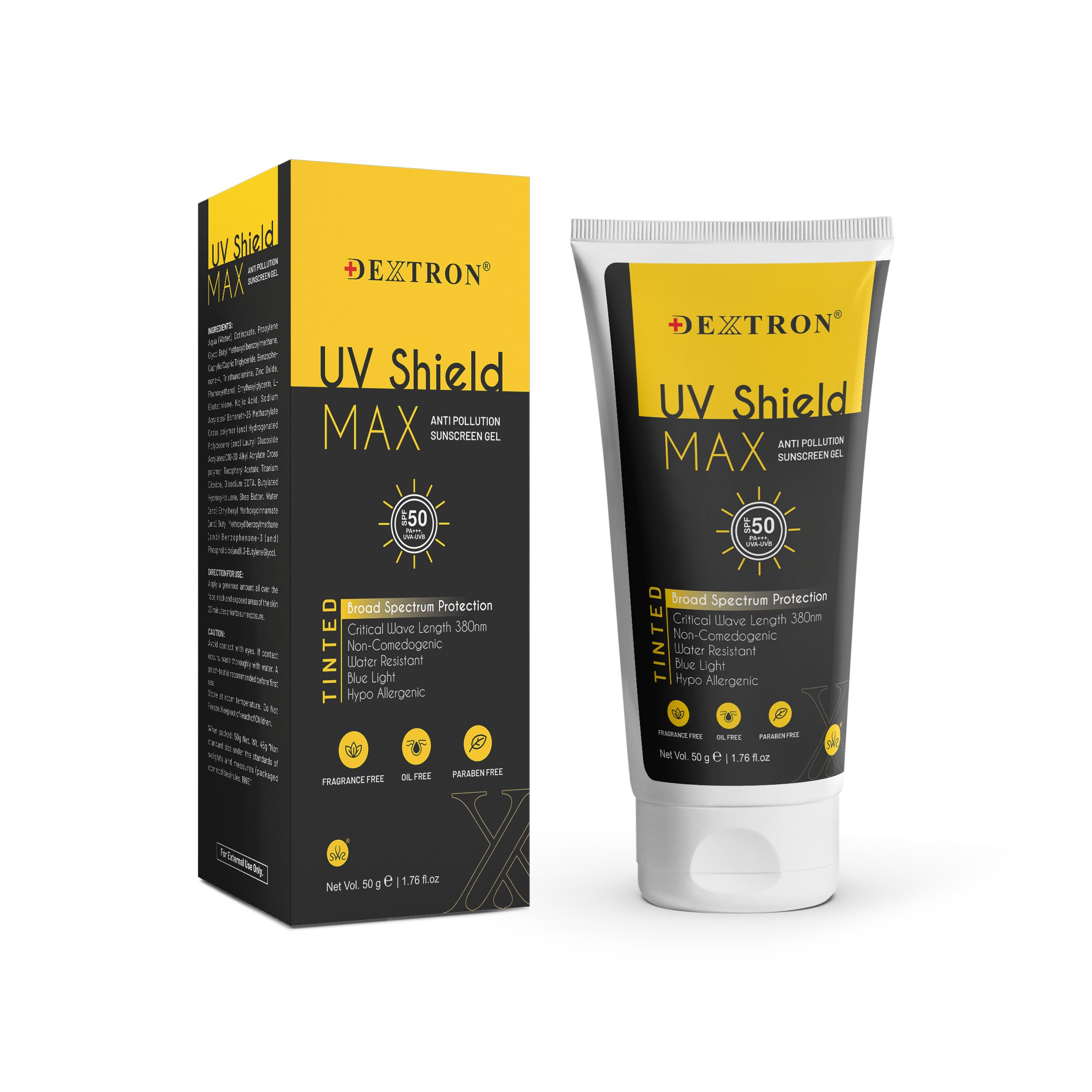 DEXTRON Sunscreen  SPF 50 PA+++ UV Shield Max AntiPollution  FragranceFree, OilFree, ParabenFree (50 g)