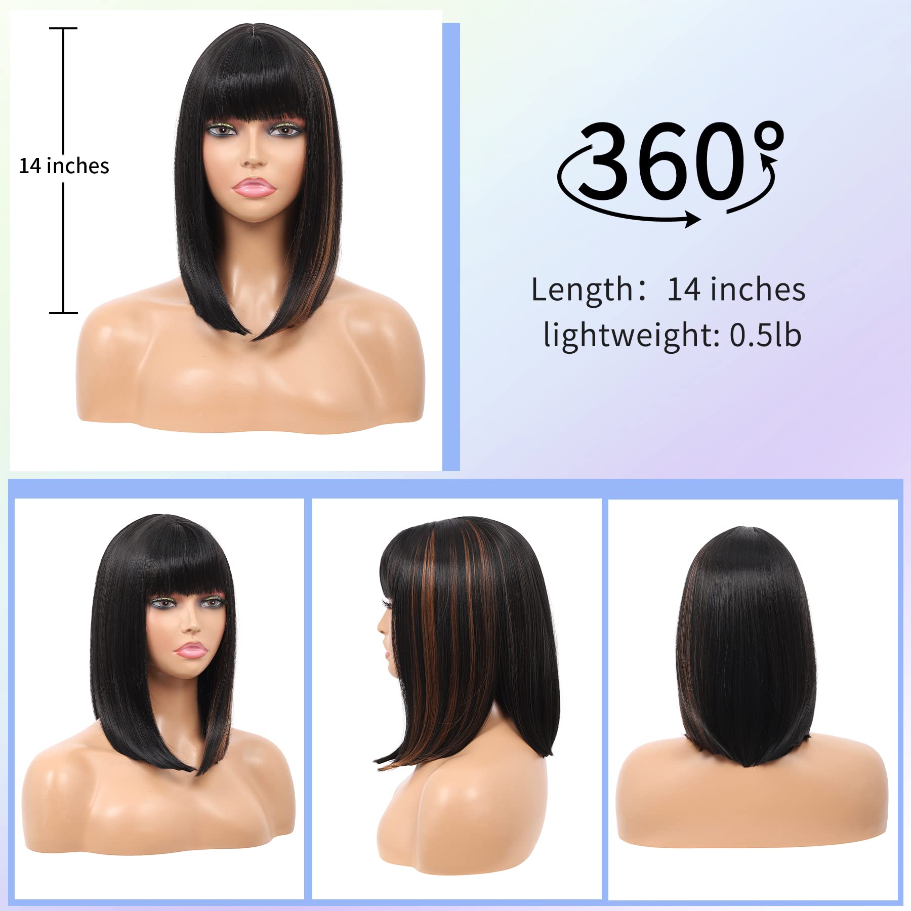 Kalyss Bob Short Synthetic Hair Wig For Black Women Heat Resistant With Hair Bangs (Black With Medium Auburn Brown Strips)