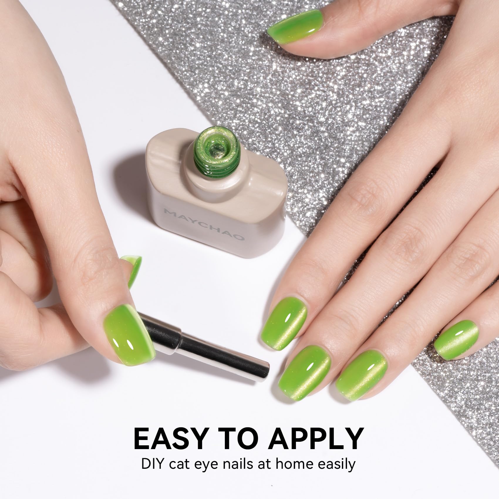 Maychao 15Ml Shine Muscat Cat Eye Gel Nail Polish 1Pc Green Glitter Cat Eye Gel Polish With Magnet Soak Off Holographic Magnetic