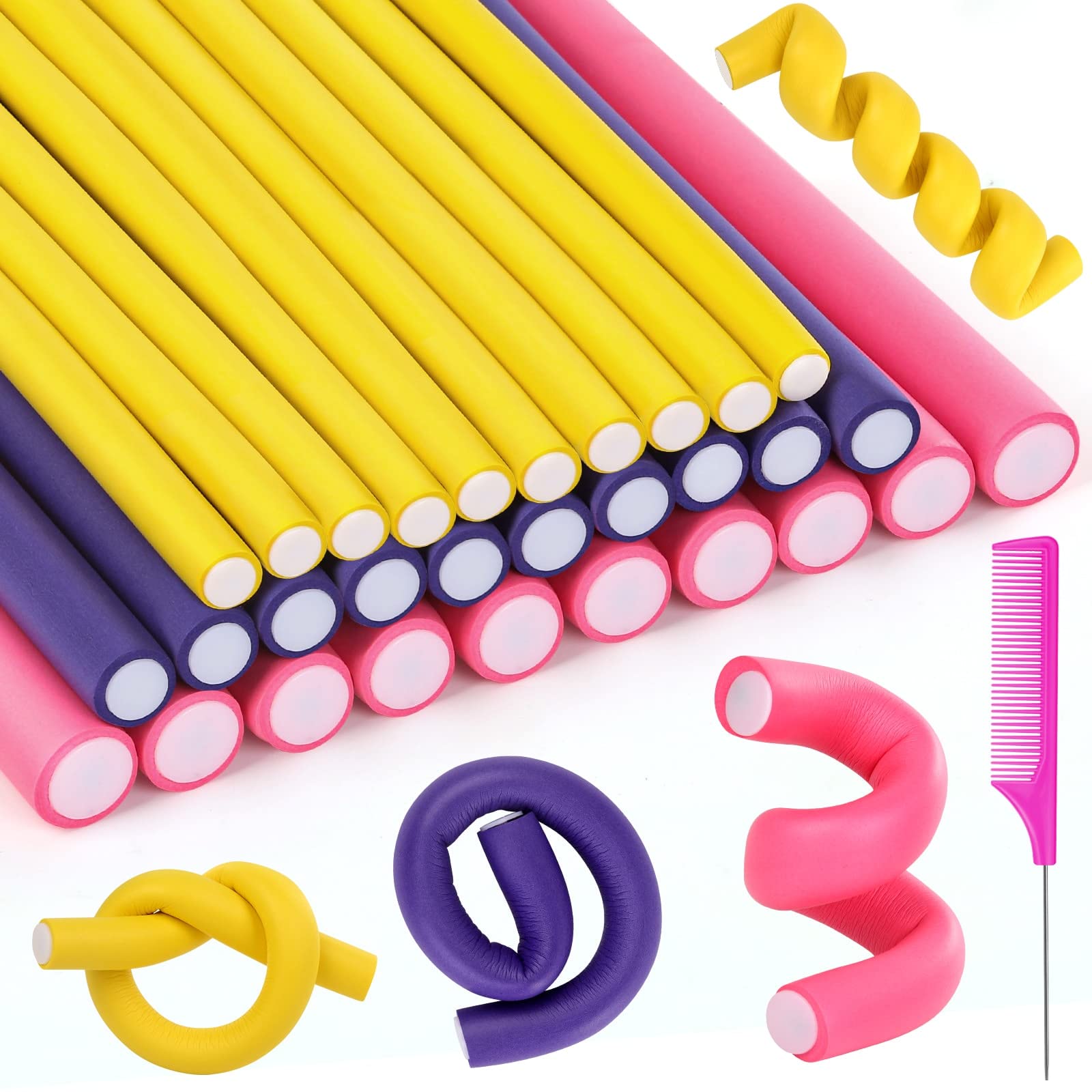 30Pcs 9.45'' Flexible Curling Rods No Heat Hair Rollers Curlers with 3 Sizes Foam Curlers Hair Rods for Short and Long Hair