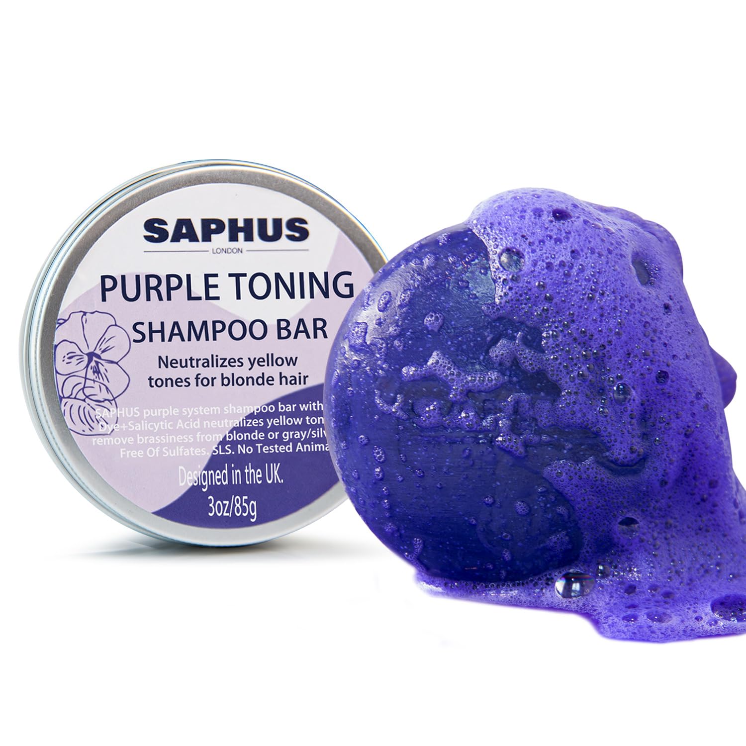 Sulfate Free Brass Toning Purple Shampoo Bar for Blonde, Bleached, Silver, or Brown Highlighted Hair, Travel Friendly, with Tin 