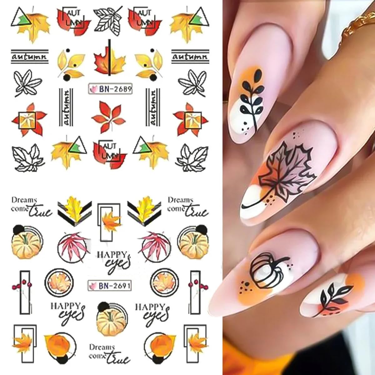 12Pcs Fall Nail Stickers Maple Leaf Nail Water Decals Thanksgiving Day Watermark Leaves Line Letter Nail Foil Transfer Slider Fo