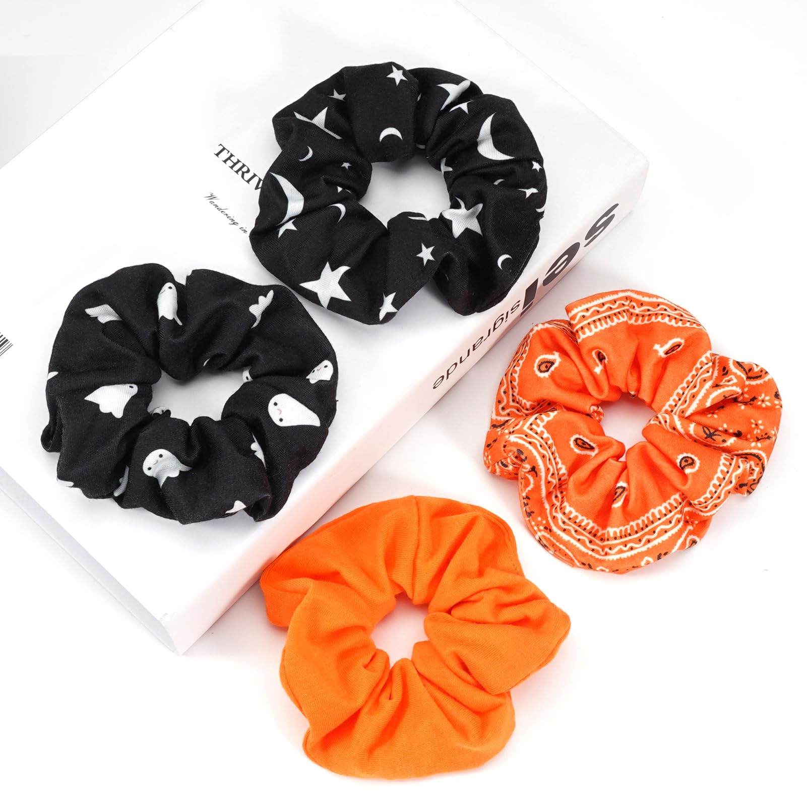 Halloween Hair Scrunchies Cute Ghosts Moon Star Hair Ties Fall Orange Bandana Scrunchy Elastics Hair Bands Gifts Ponytail Holder