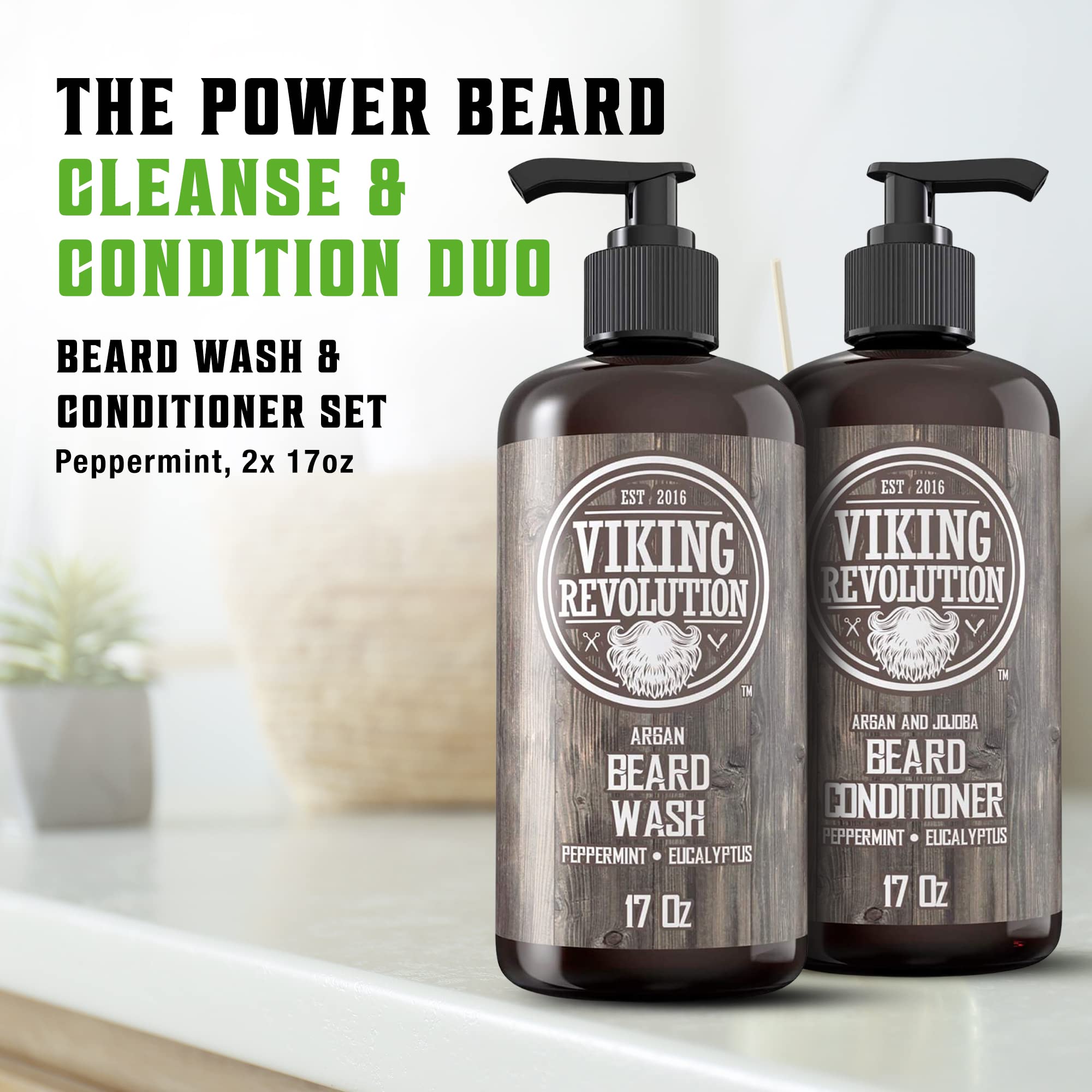 Viking Revolution Beard Wash & Conditioner Set W/Argan & Jojoba Oils - Softens, Smooths & Strengthens Beard Growth - Natural Pep