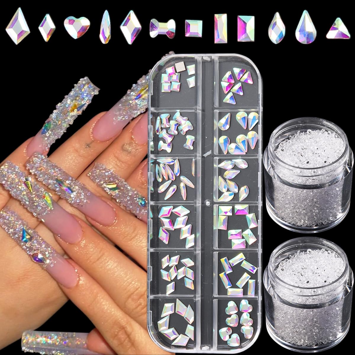 AB Glass Nail Art Rhinestones Kit with Micro Pixie Crystals, Multi Shapes 3D Flatback Nail Gems, Bling French Tips Nail Art, Spa