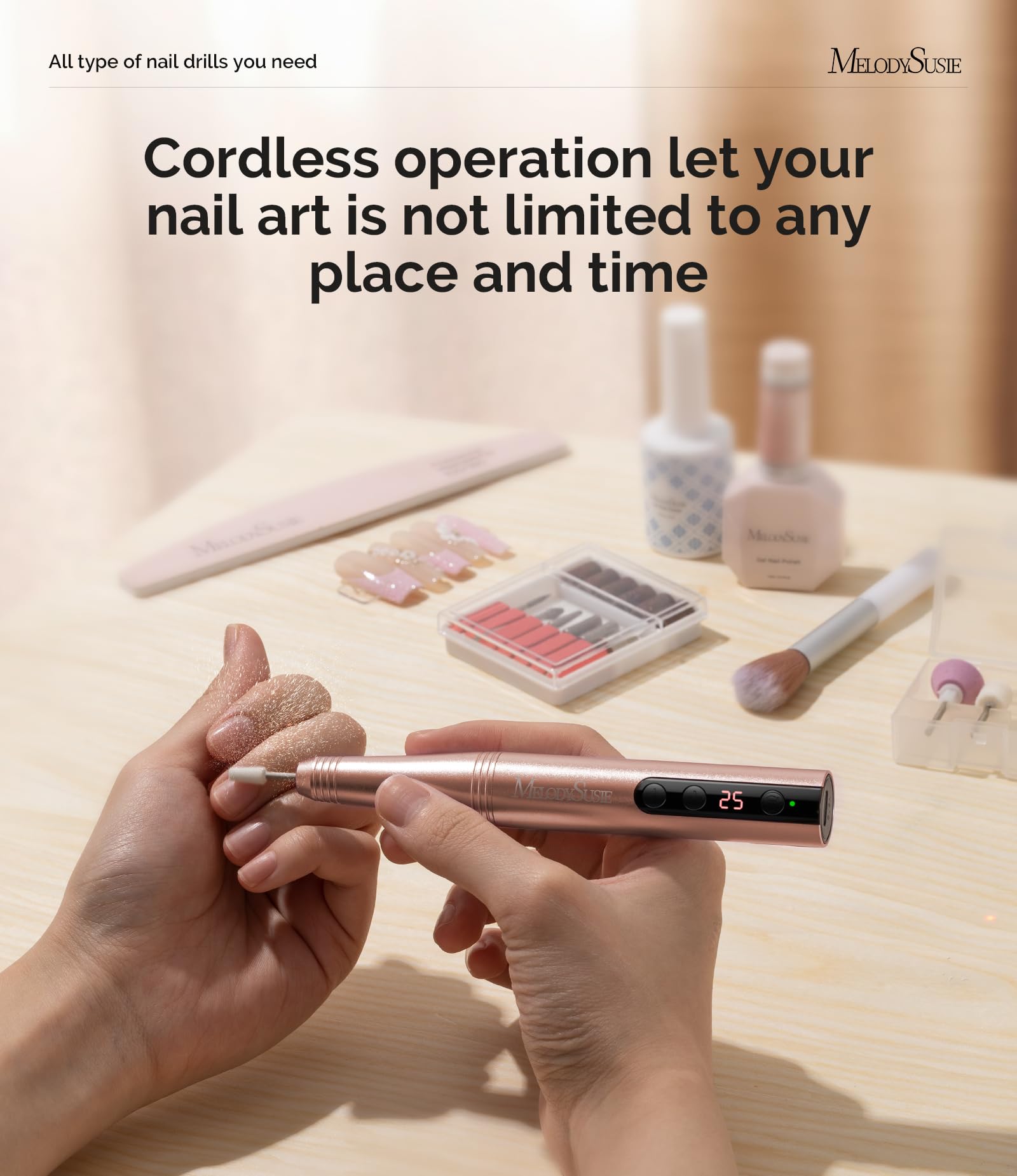 MelodySusie Cordless Electric Nail Drill Machine 11 in 1 Kit,PC180F 25000RPM Portable Rechargeable Nail Efile Set for Acrylic Ge