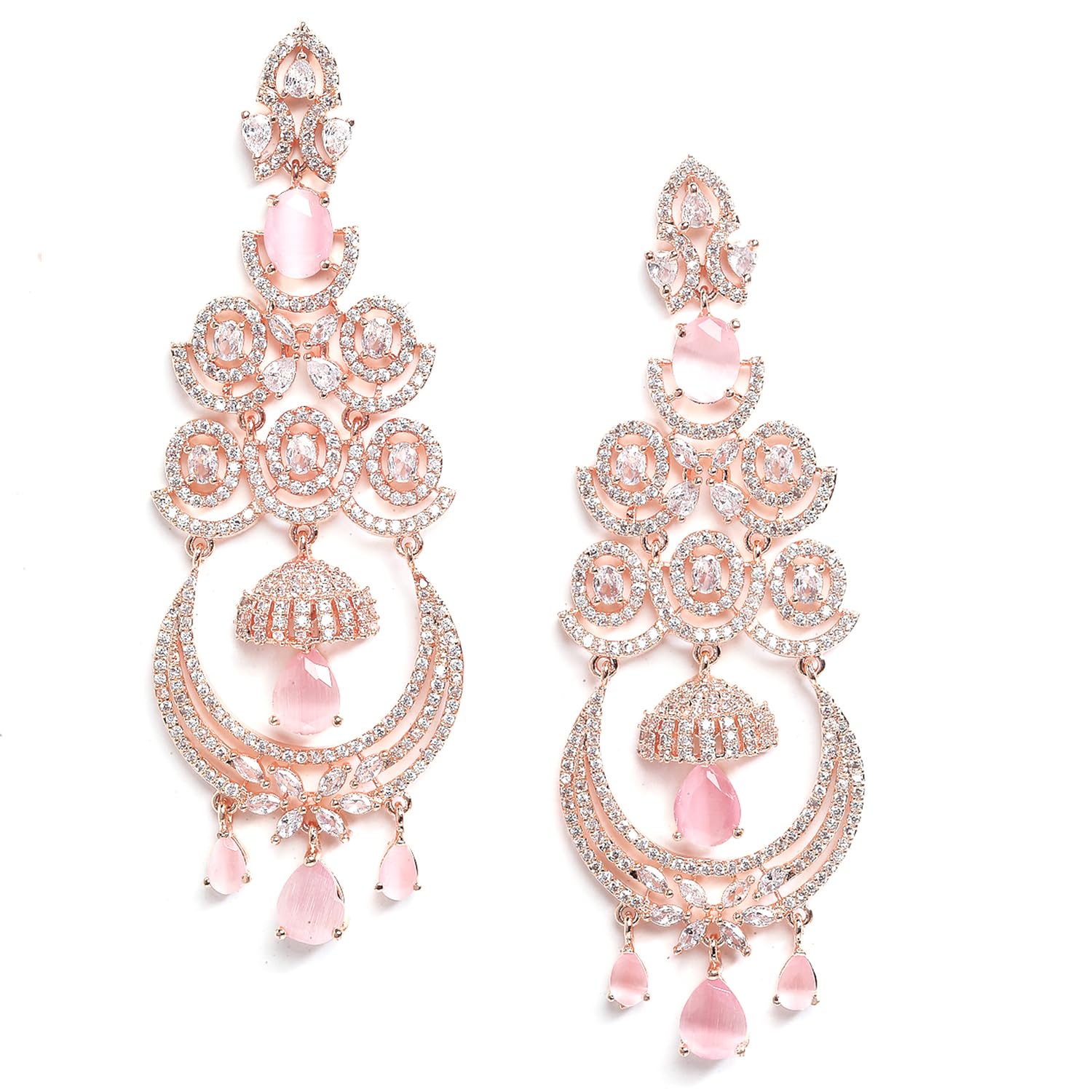 Zeneme Floral Shaped American Diamond Dangle Chandelier Earring For Women And Girls (Pink RoseGold)