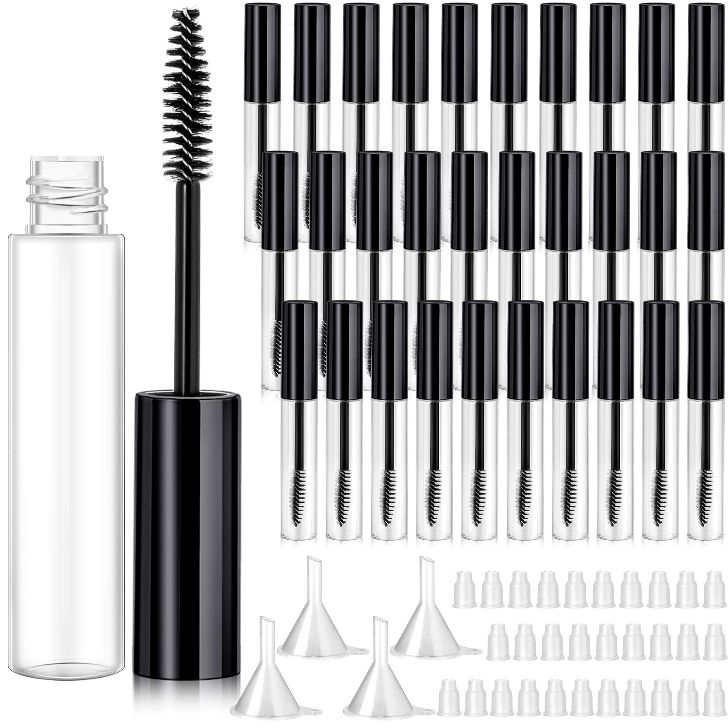 30 Pieces 10 ml Empty Mascara Tubes Eyelash Wand Refillable Clear Bottles Cream Container with 4 Pieces Transparent Funnels Tran