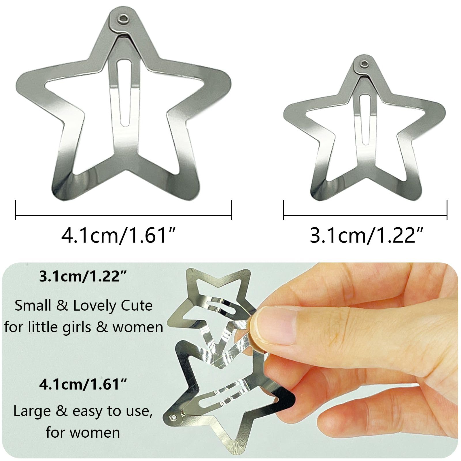 GKETN Star Hair Clips - 30 PCS Non-Slip Silver Metal Barrettes - 1.22" Hair Accessories for Girls and Women