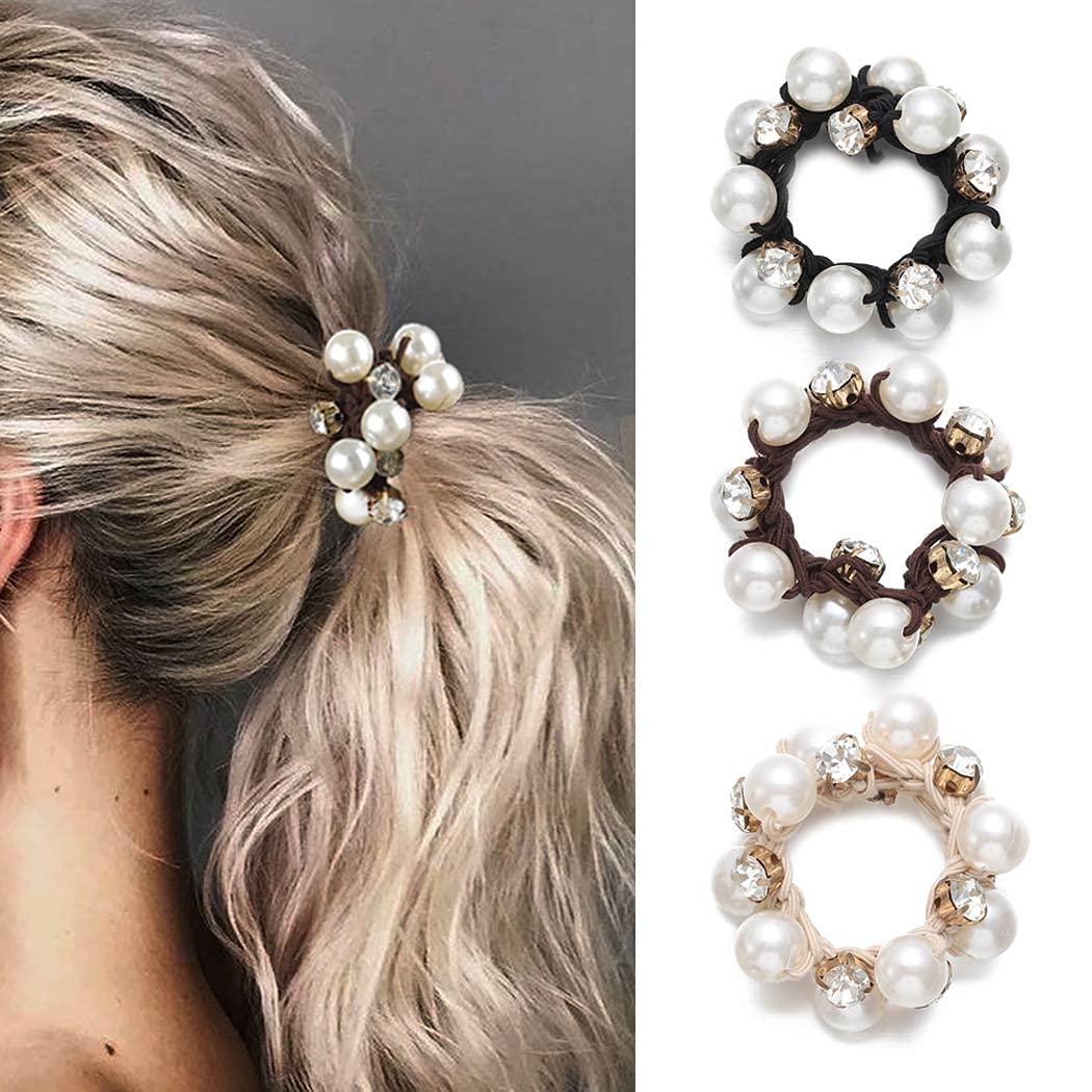 Brinie Hair Ties - Black Elastic Scrunchies with Pearl Details, 3 Count Pack for Women and Girls