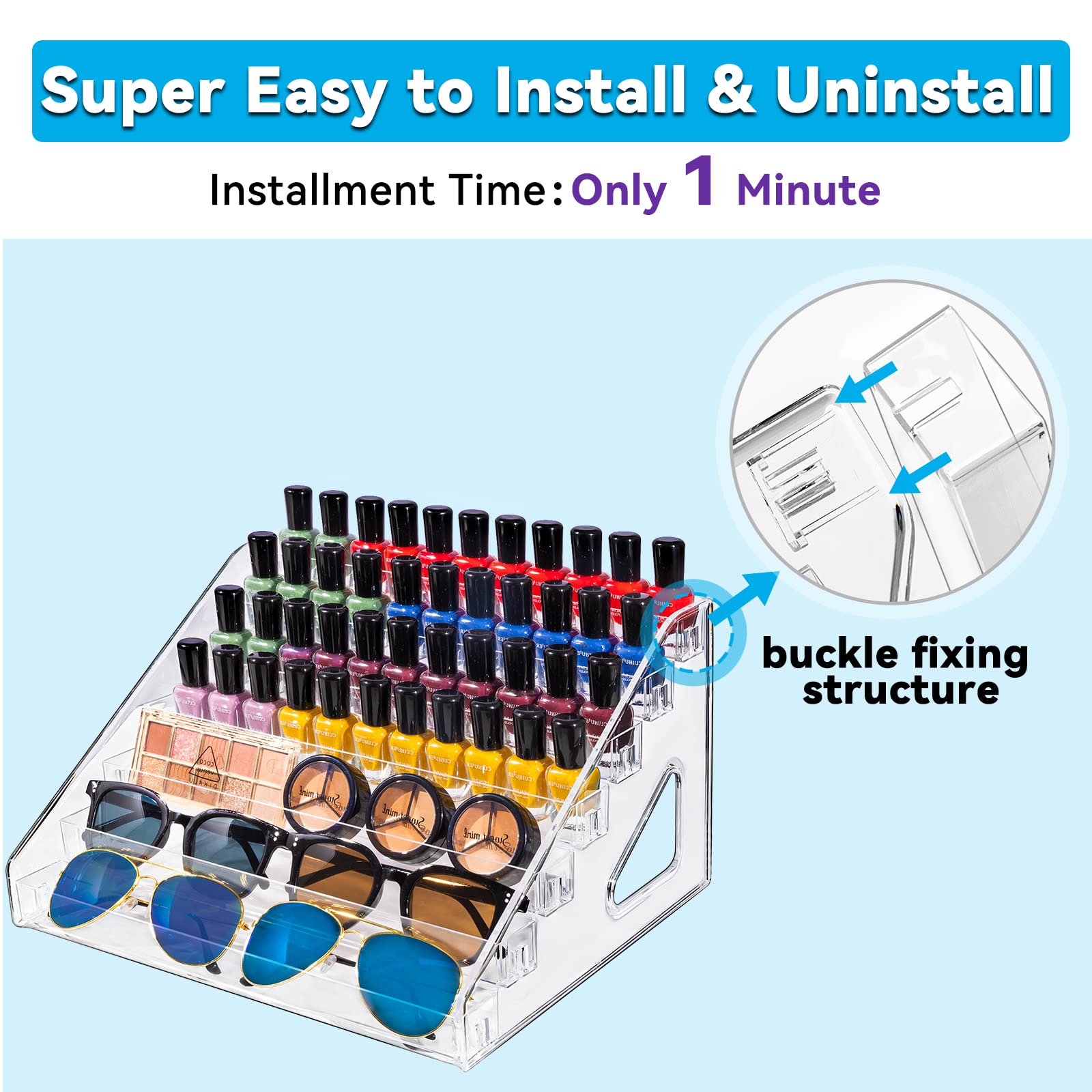 Pero Pero Sunglass Organizer 5 Layers Acrylic Nail Polish Organizer 60 Bottles - Clear Makeup Organizer For Makeup Palette Essen