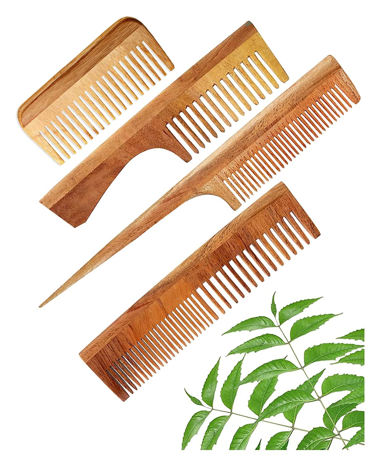 Daumi Organic Neem Wood Anti Dandruff Hair Comb Combo (Pack Of 4) Natural & EcoFriendly | Hair Styling Comb With Fine & Wide Te