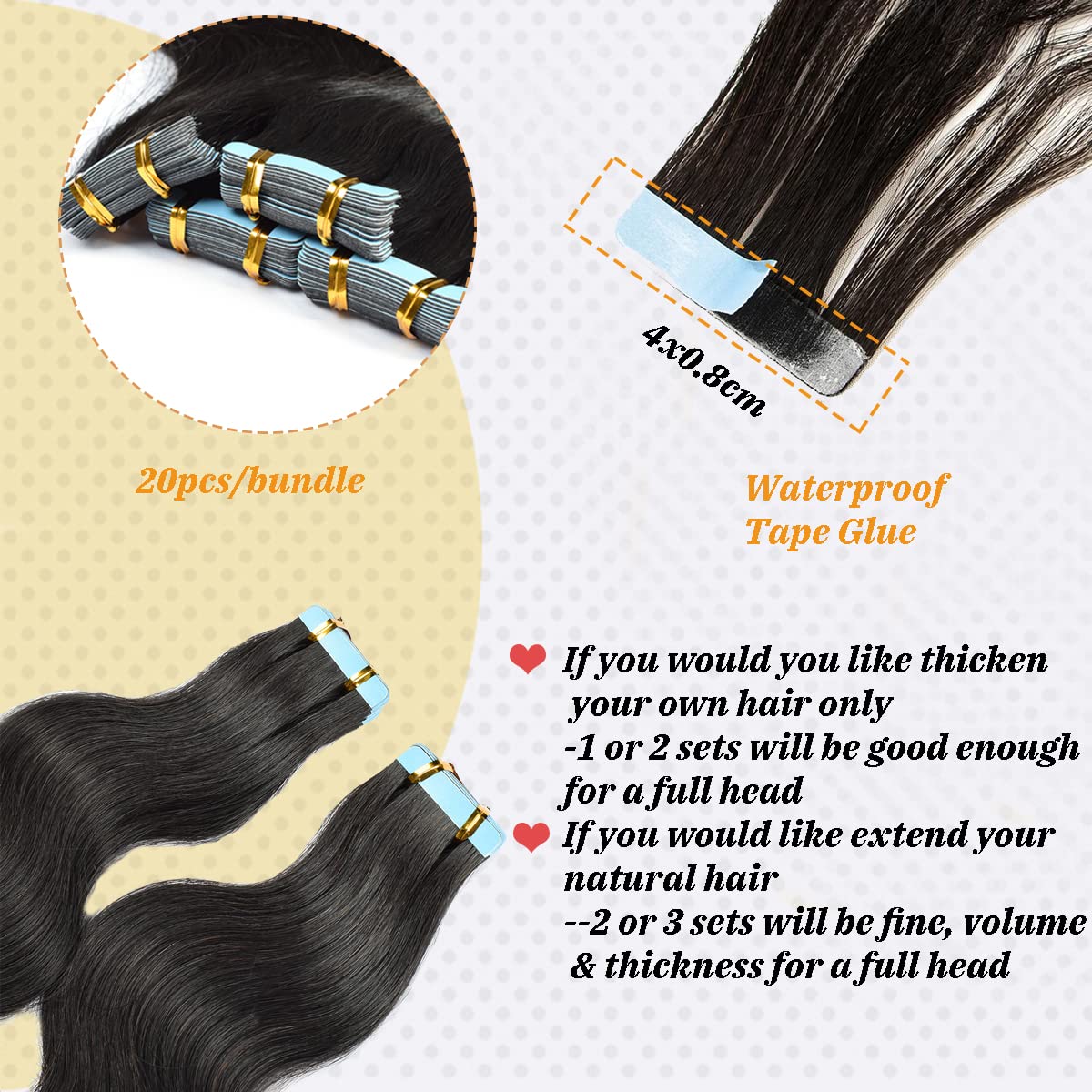 Black Wave Tape In Human Hair Extensions Body Wave Tape In Remy Human Hair Black Wavy Tape In Double Sided 20Pcs 14Inch Extensio
