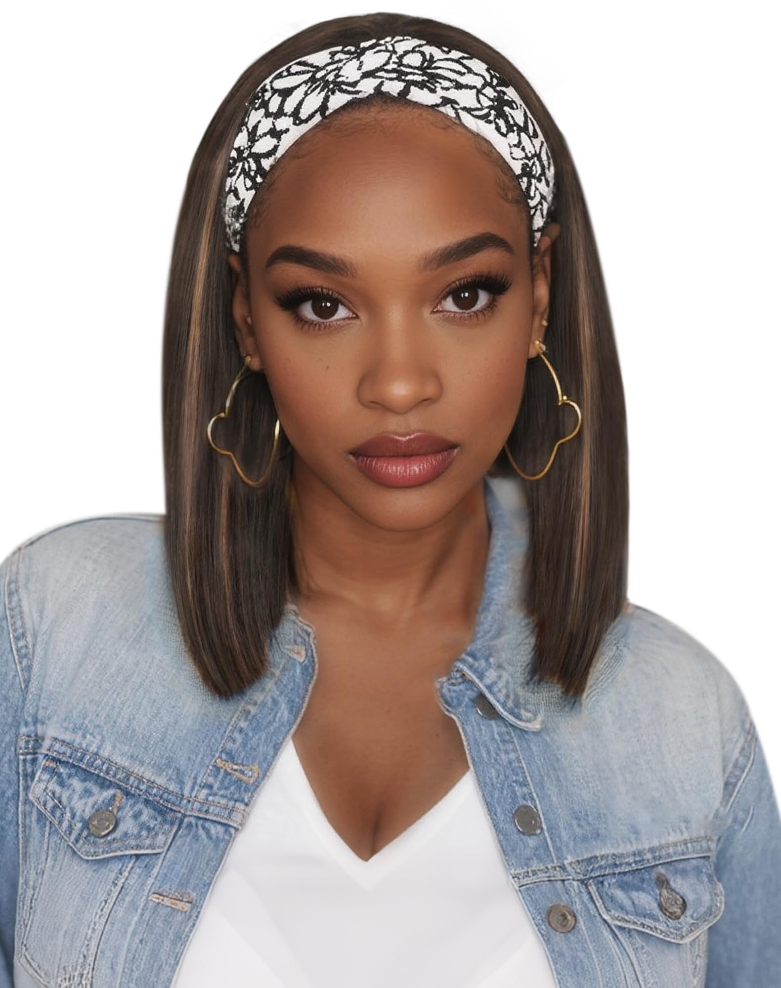 QUEENTAS 16 Inch Straight Bob Headband Wig, #4/27 Brown with Honey Blonde Highlight for Black Women, Glueless Wear and Go Should