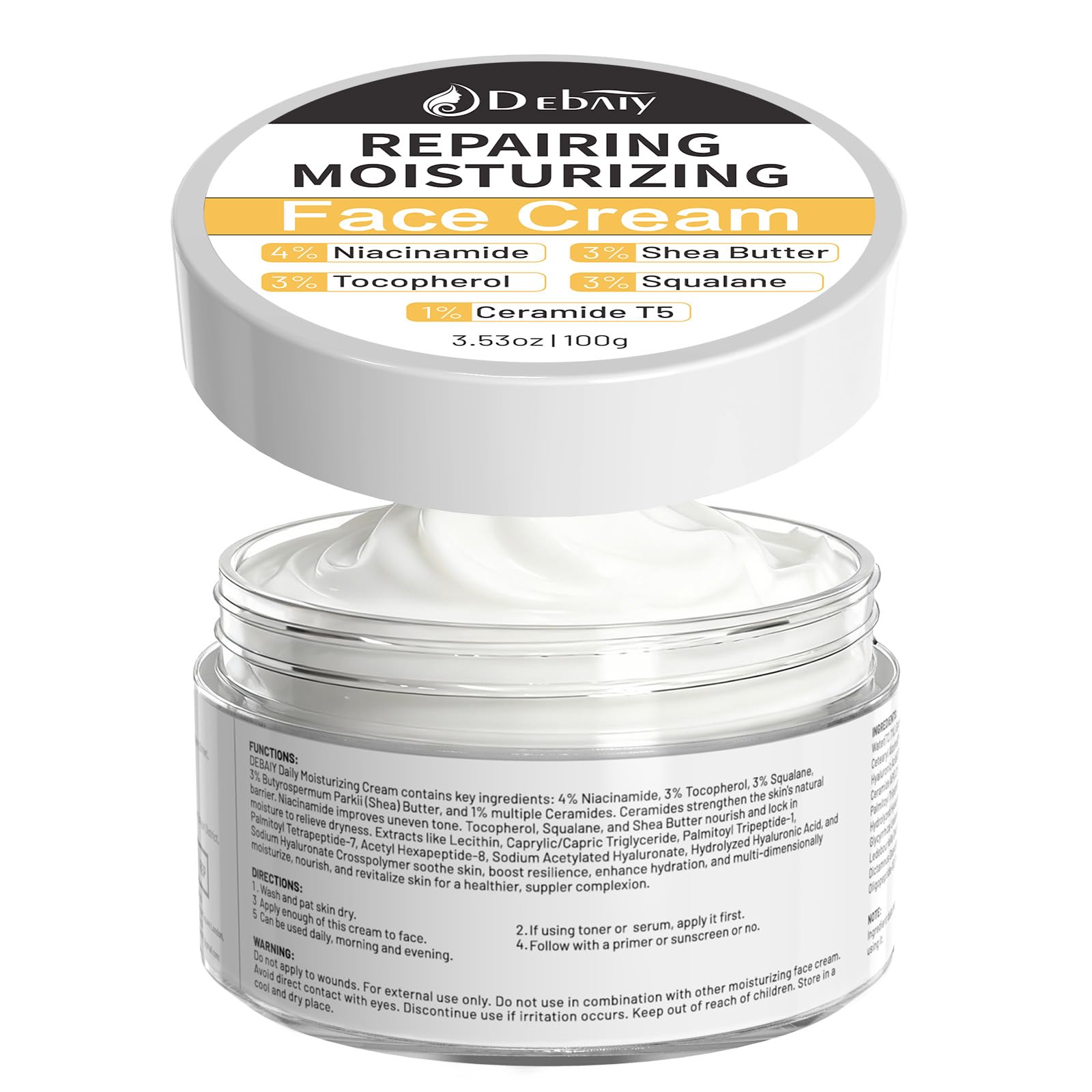 DEBAIY Moisturizer Cream Face Cream with 4% Niacinamide, 3% Tocopherol, Ceramides Boosts Skin Barrier for All Skin Types (3.53oz