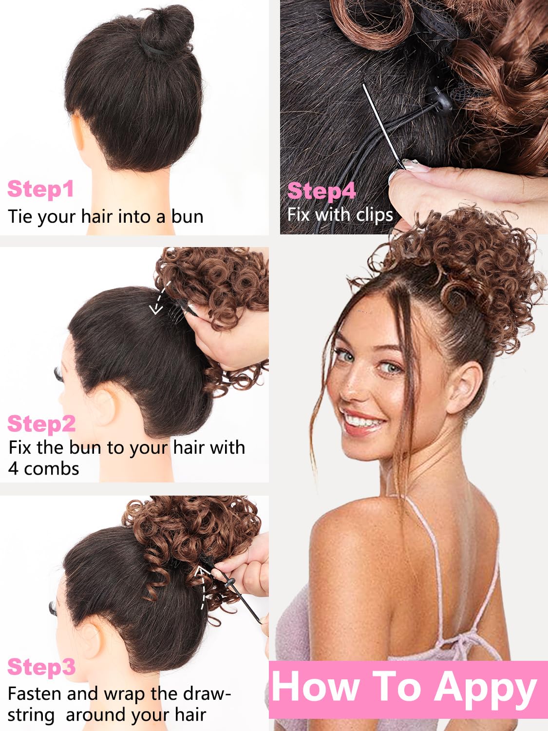 Alxnan Messy Hair Bun Hair Piece For Women Elastic Drawstring Loose Wave Curly Buns Short Middle Brown Synthetic Ponytail Extens