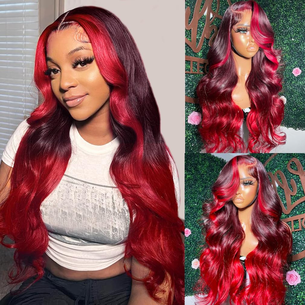 YMS Hot Red HD Lace Front Wigs Human Hair 180% Density Skunk Stripe Red Human Hair Wigs for Black Women Body Wave Ombre Red Glue