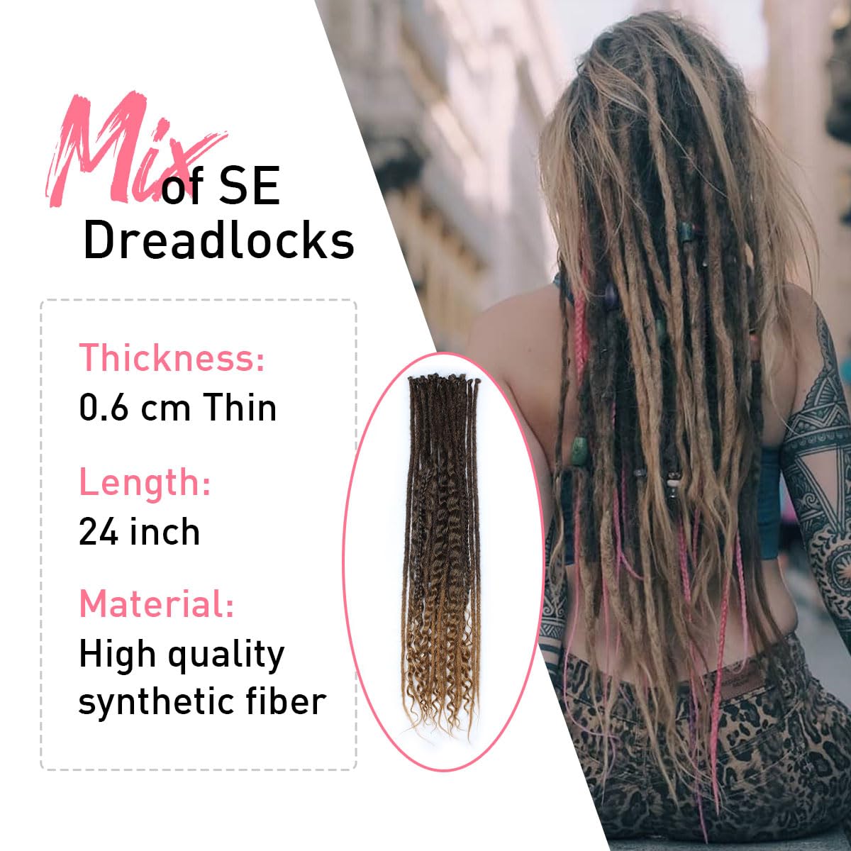 Kraler 24 Inch Mixed Se Dreadlock Extensions Sets, 3 In 1 20 Strands Synthetic Single Ended Dreads Extensions, Ombre Brown Hippi